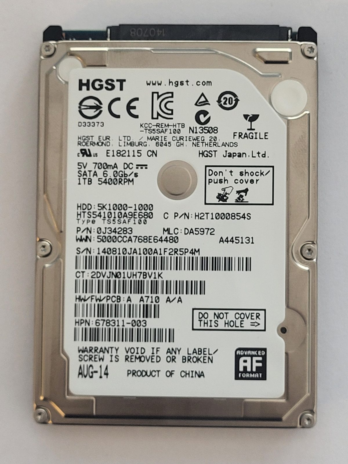 HTS541010A9E680, PN:0J34283, MLC:DA5972, AUG 14 | HGST 1To 2,5" SATA HDD STK