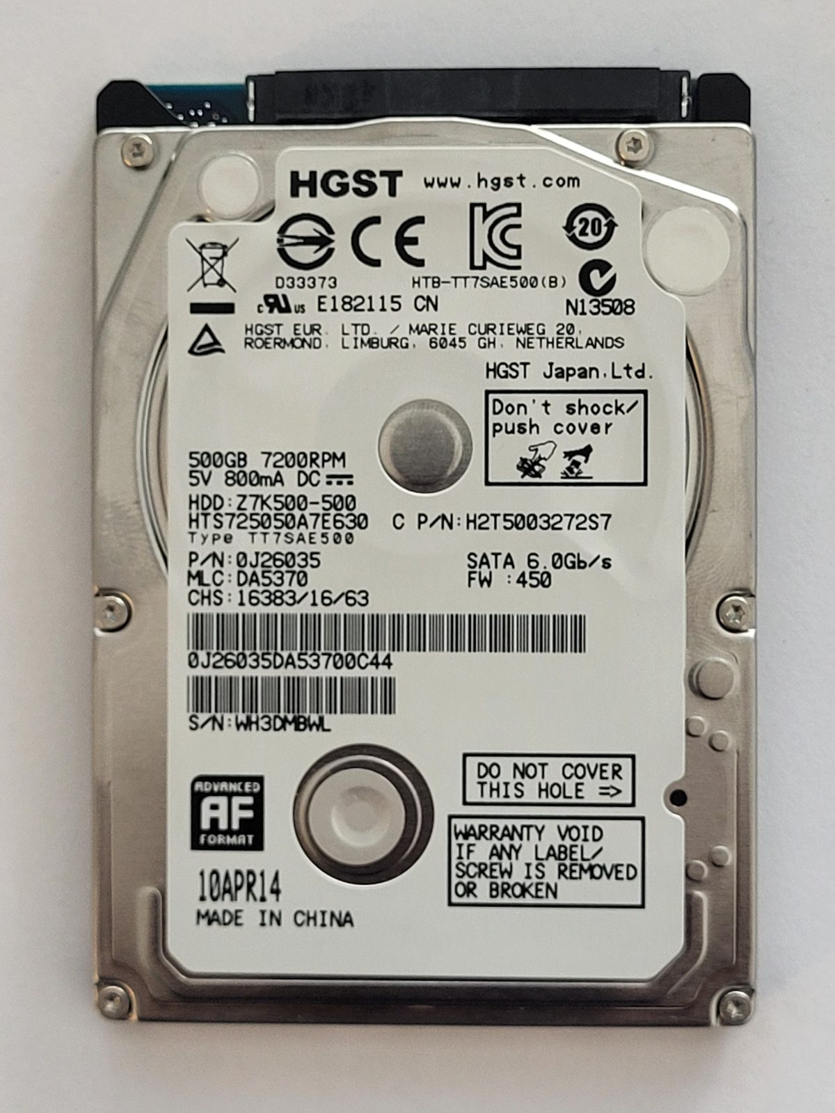 HTS725050A7E630, PN:0J26035, MLC:DA5370, 10 APR 2014 | HGST 500Go 2,5" SATA HDD STK