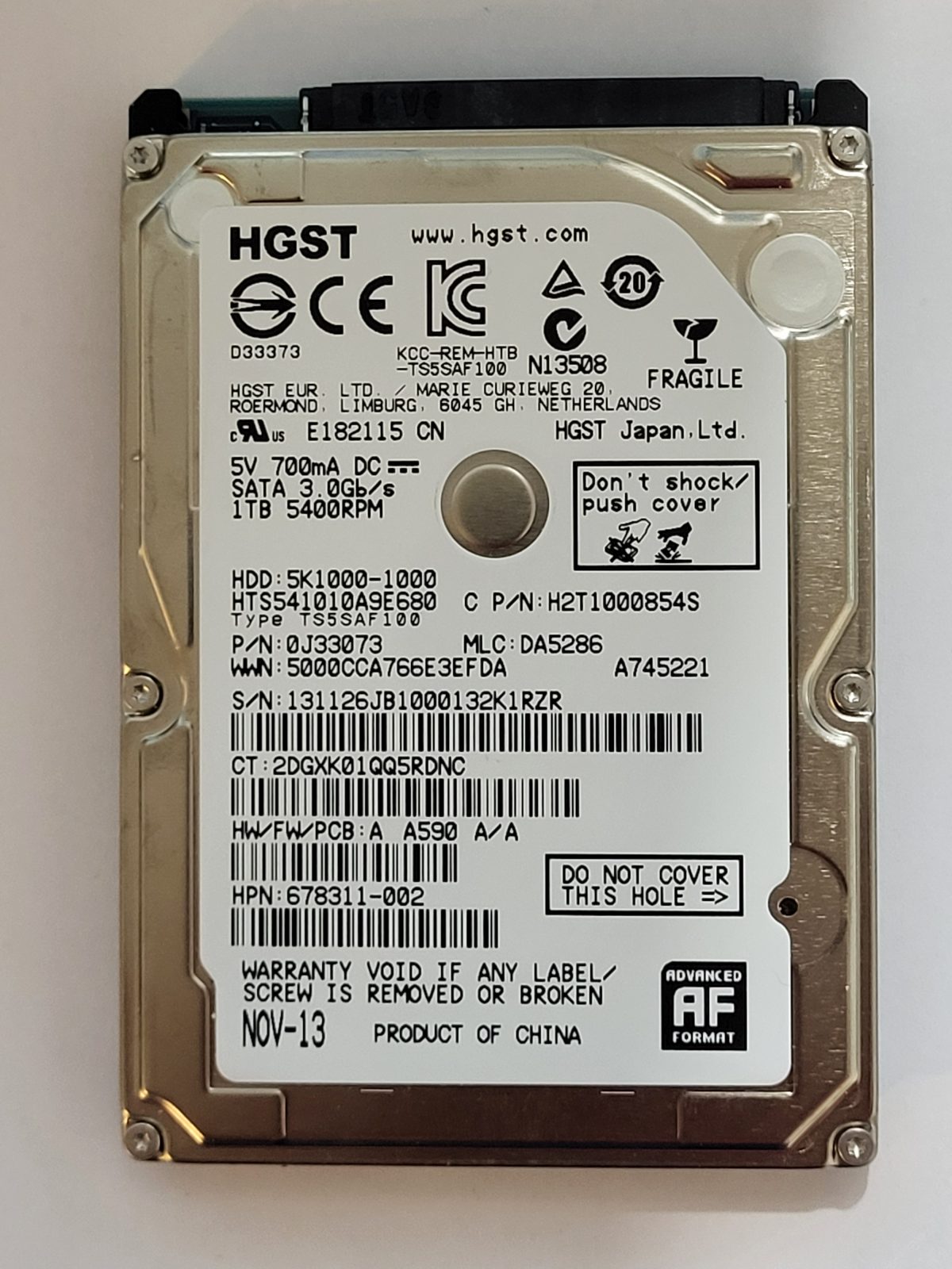 HTS541010A9E680, PN:0J33073, MLC:DA5286, NOV 13 | HGST 1To 2,5" SATA HDD STK