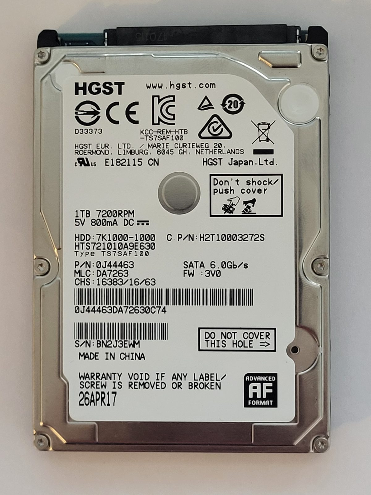 HTS721010A9E630, PN:0J44463, MLC:DA7263, 26 APR 2017 | HGST 1To 2,5" SATA HDD STK