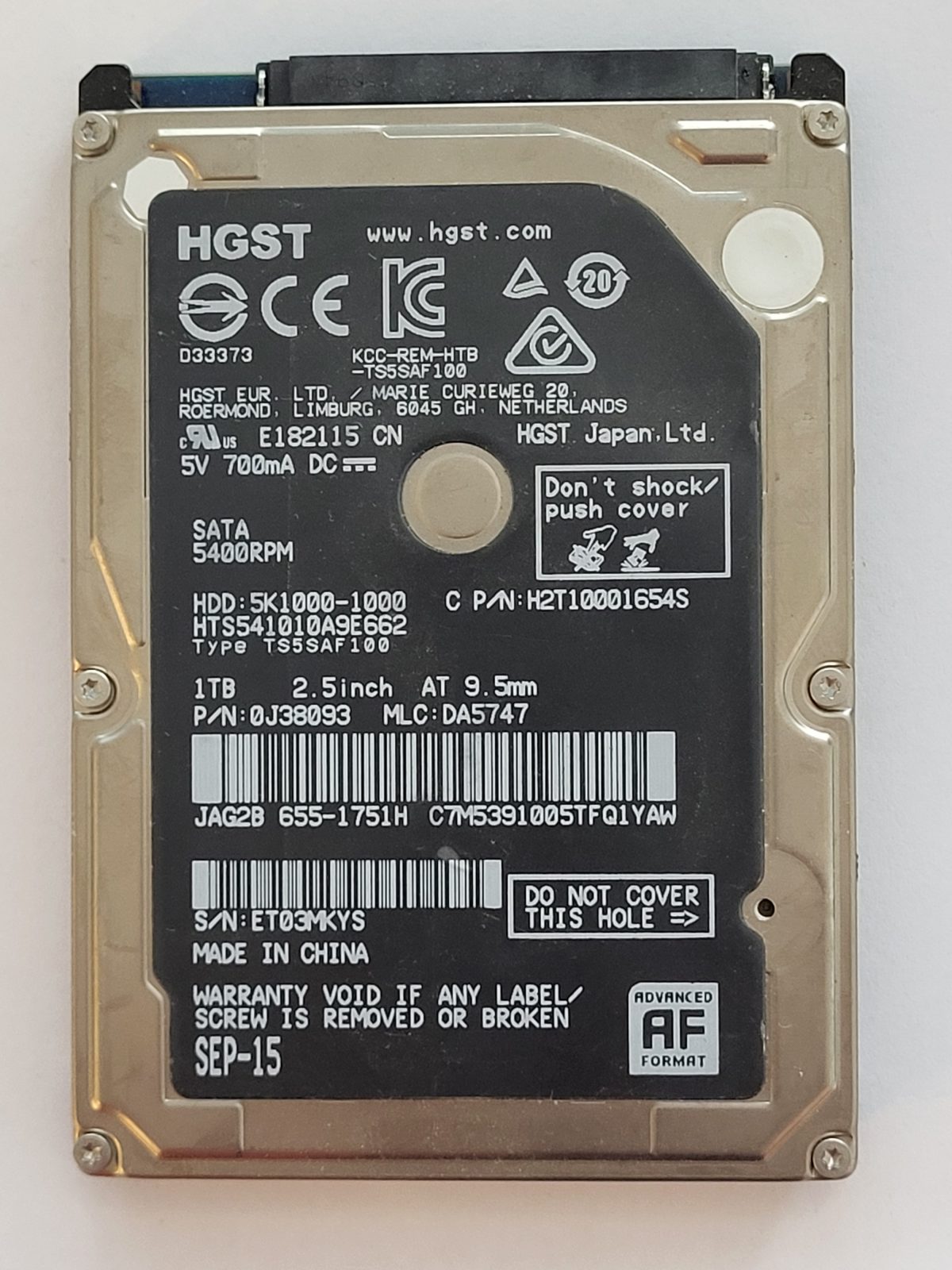 HTS541010A9E662, PN:0J38093, MLC:DA5747, SEP 15 | HGST 1To 2,5" SATA HDD STK