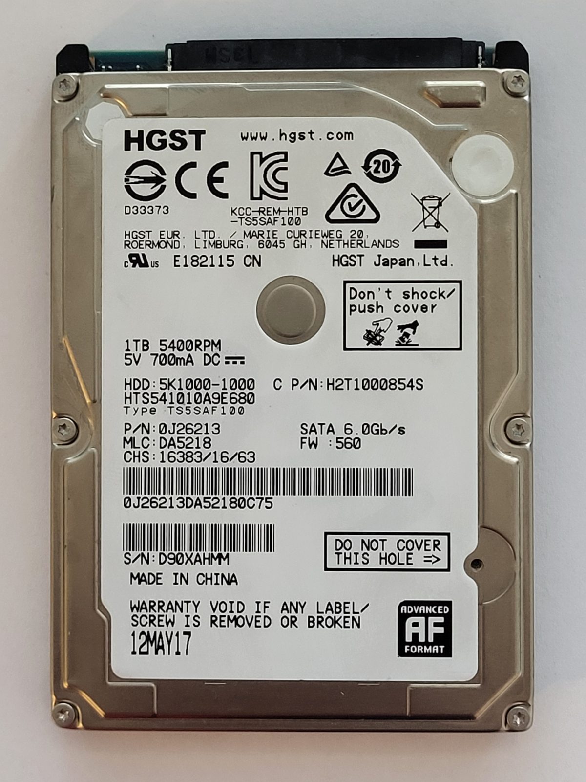 HTS541010A9E680, PN:0J26213, MLC:DA5218, 12 MAY 2017 | HGST 1To 2,5" SATA HDD STK