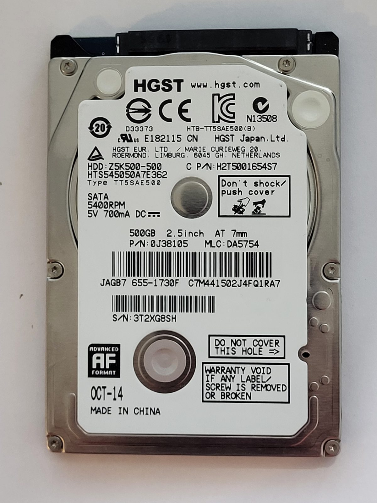 HTS545050A7E362, PN:0J38105, MLC:DA5754, OCT 14 | HGST 500Go 2,5" SATA HDD STK