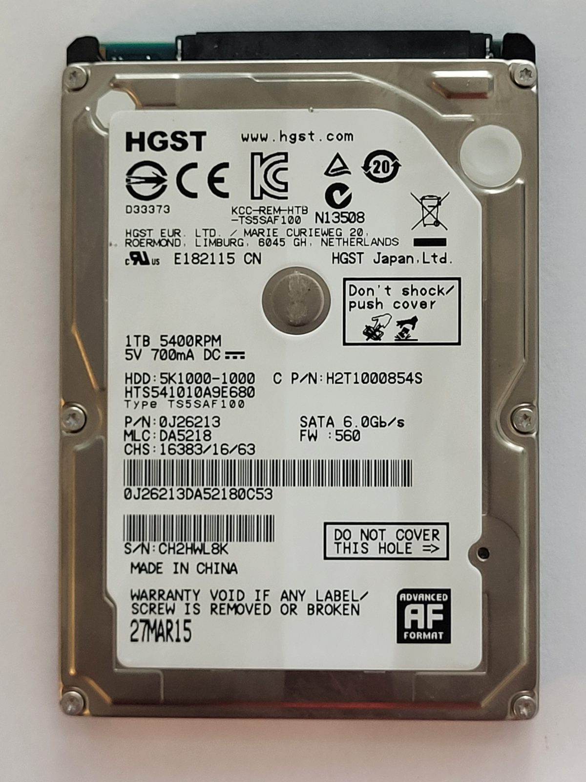 HTS541010A9E680, PN:0J26213, MLC:DA5218, 27 MAR 2015 | HGST 1To 2,5" SATA HDD STK