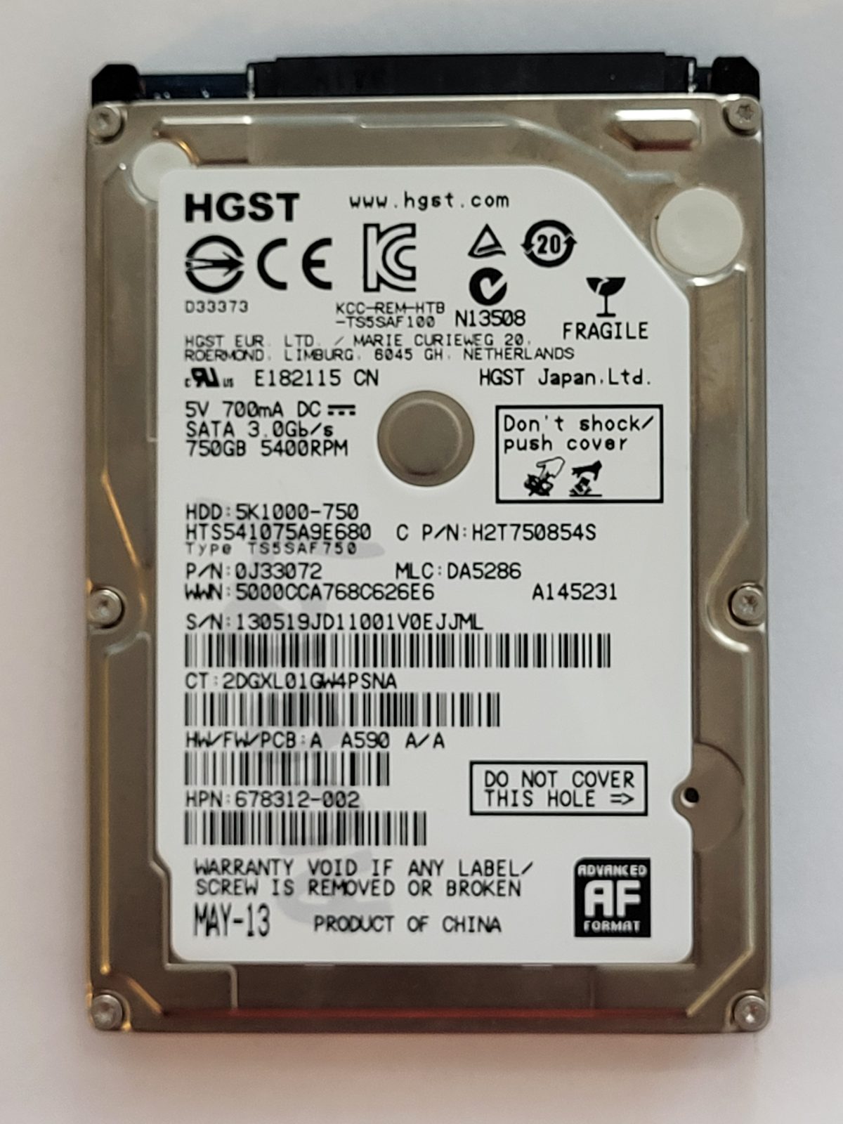 HTS541075A9E680, PN:0J33072, MLC:DA5286, MAY 13 | HGST 750Go 2,5" SATA HDD STK