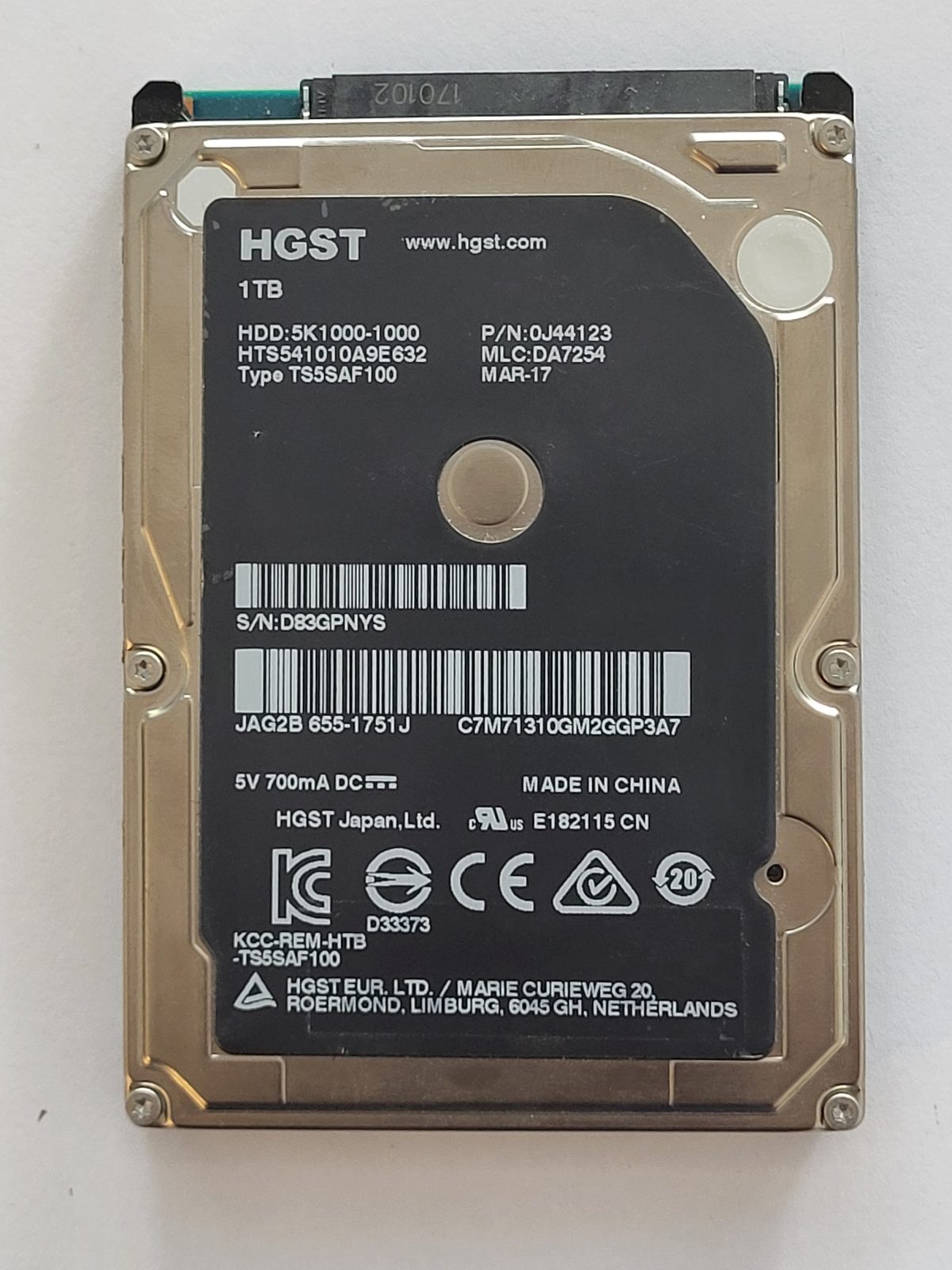 HTS541010A9E632, PN:0J44123, MLC:DA7254, MAR 17 | HGST 1To 2,5" SATA HDD STK
