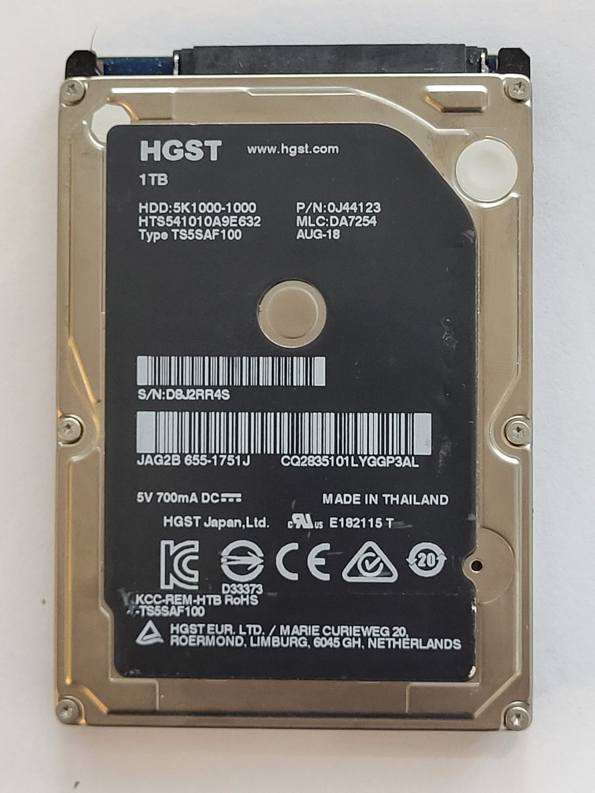 HTS541010A9E632, PN:0J44123, MLC:DA7254, AUG 18 | HGST 1To 2,5" SATA HDD STK