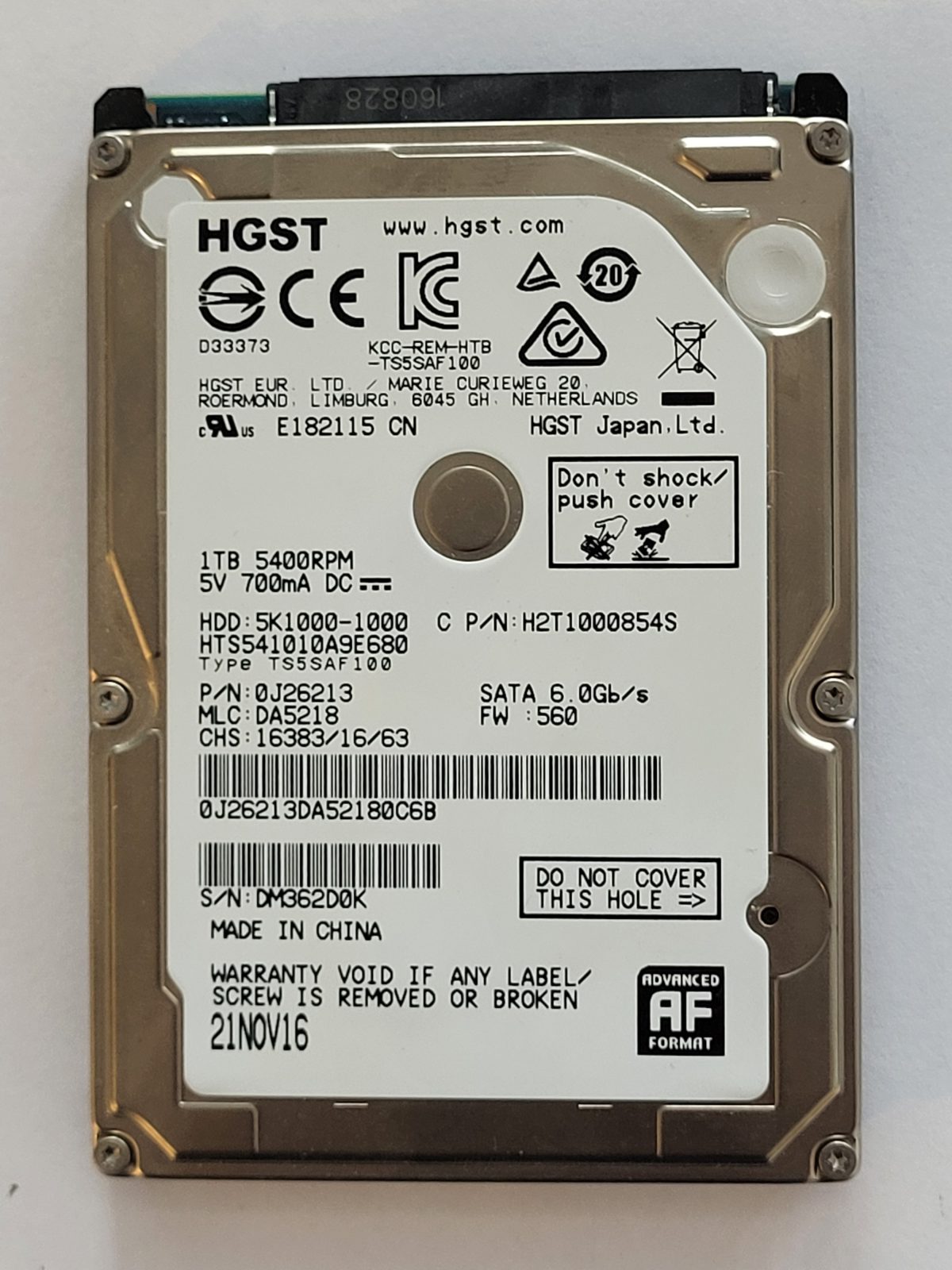 HTS541010A9E680, PN:0J26213, MLC:DA5218, 21 NOV 2016 | HGST 1To 2,5" SATA HDD STK