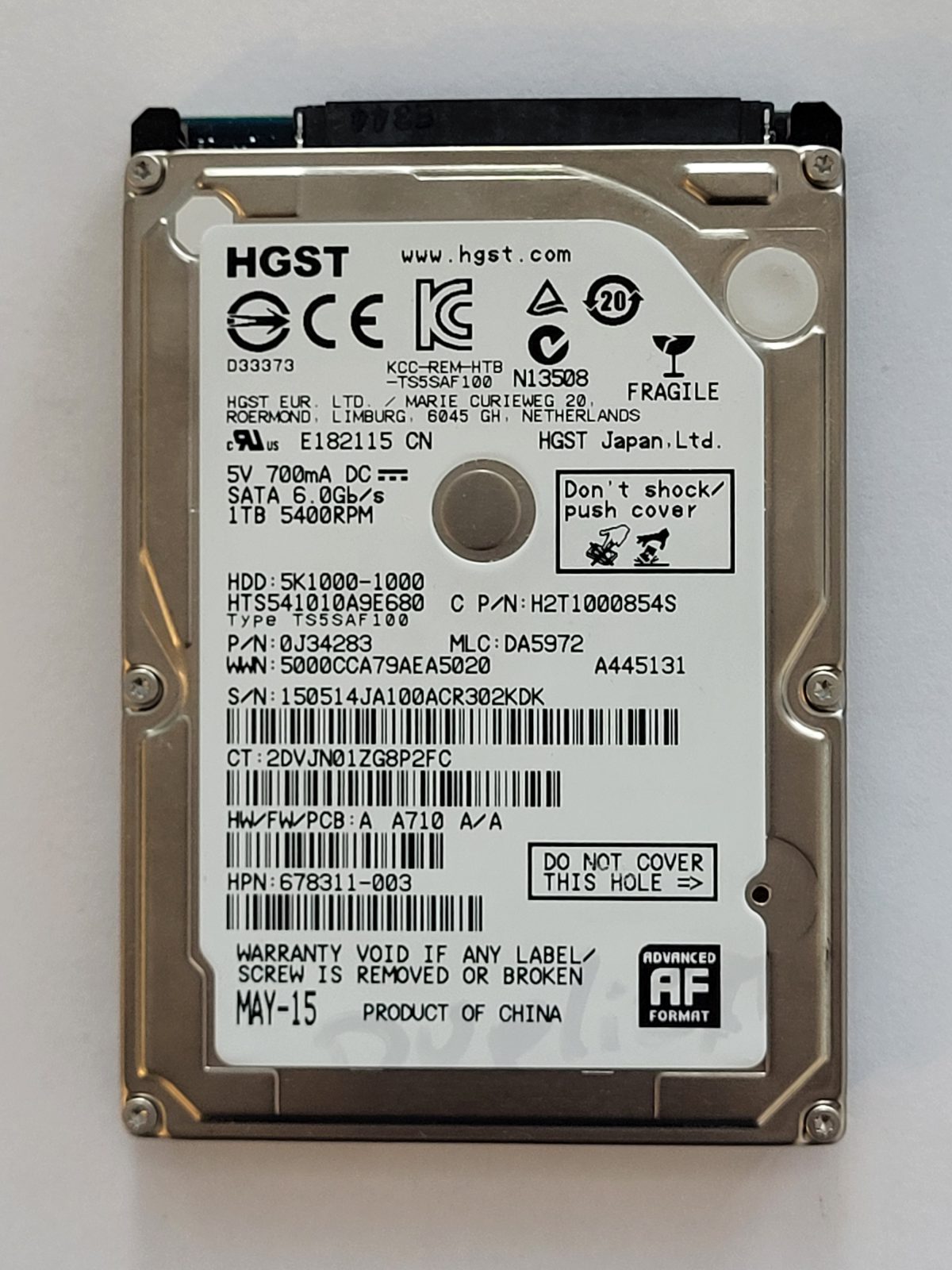 HTS541010A9E680, PN:0J34283, MLC:DA5972, MAY 15 | HGST 1To 2,5" SATA HDD STK