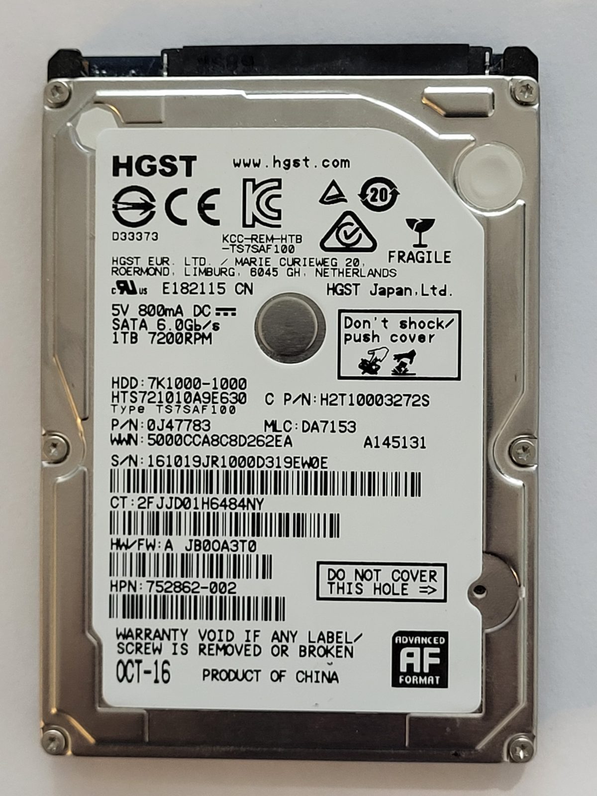 HTS721010A9E630, PN:0J47783, MLC:DA7153, OCT 16 | HGST 1To 2,5" SATA HDD STK