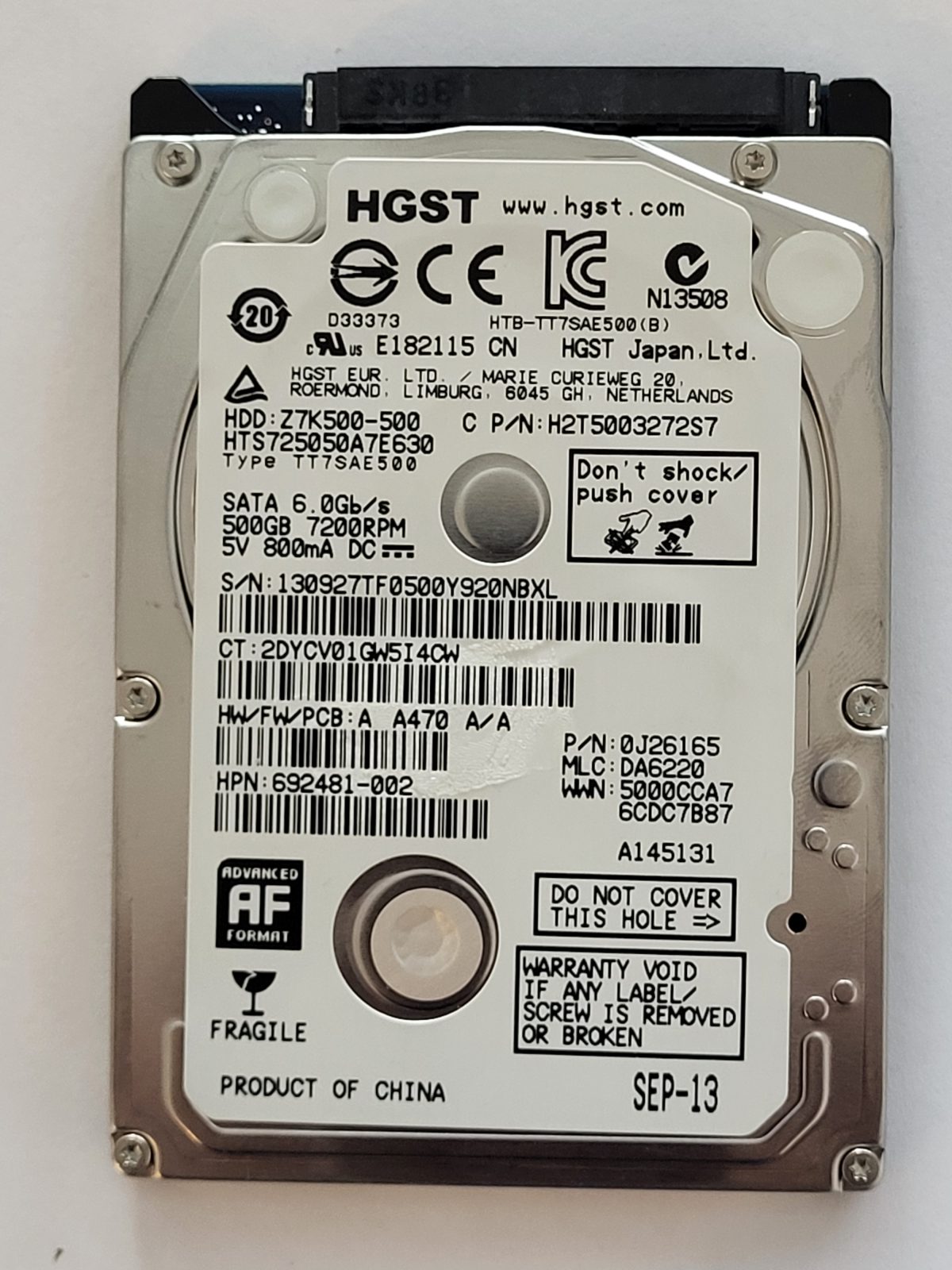 HTS725050A7E630, PN:0J26165, MLC:DA6220, SEP 13 | HGST 500Go 2,5" SATA HDD STK