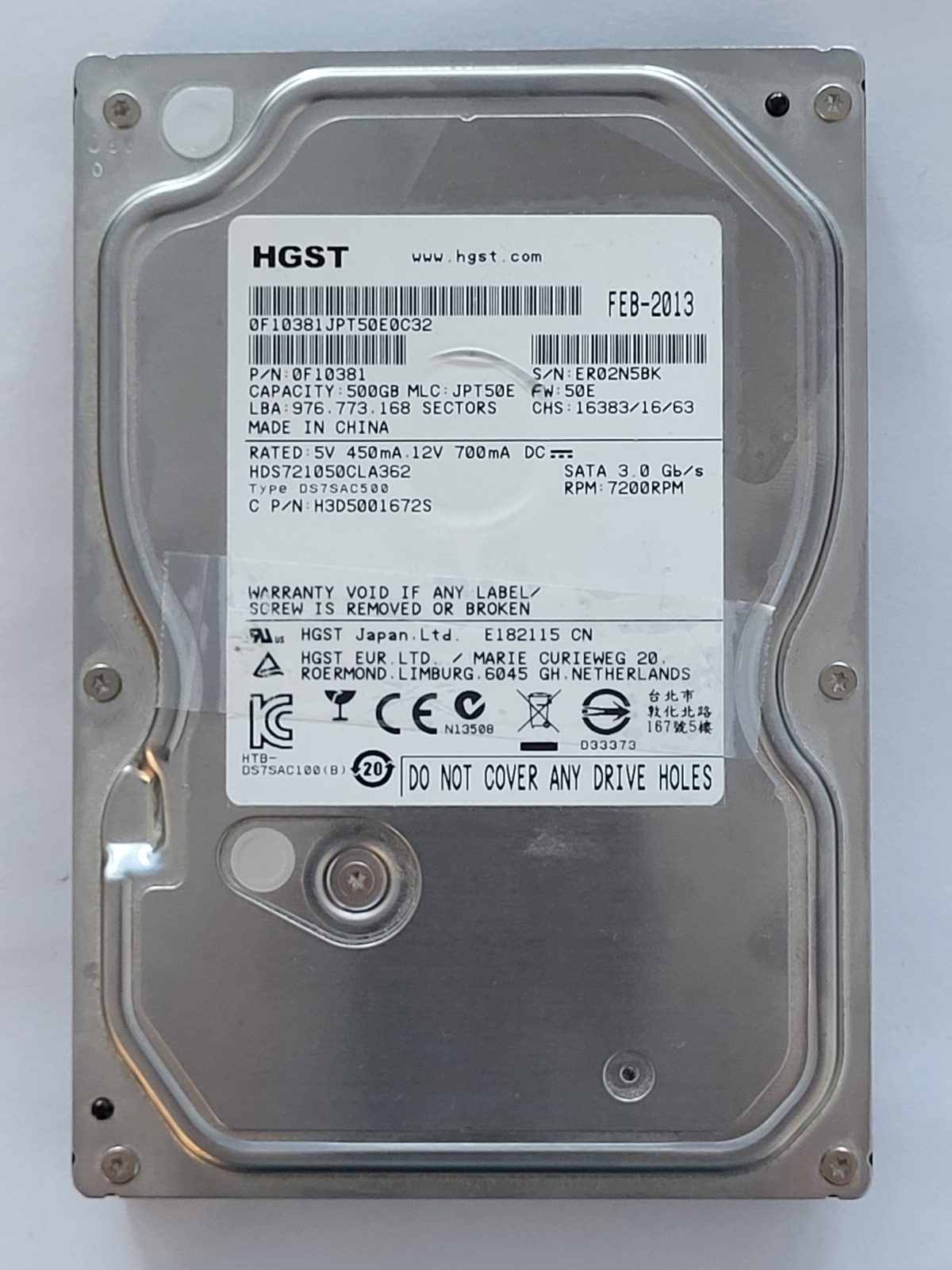 HDS721050CLA360, PN:0F10381, MLC:JPT50E, FEB 2013 | HGST 500Go 3,5" SATA HDD STK