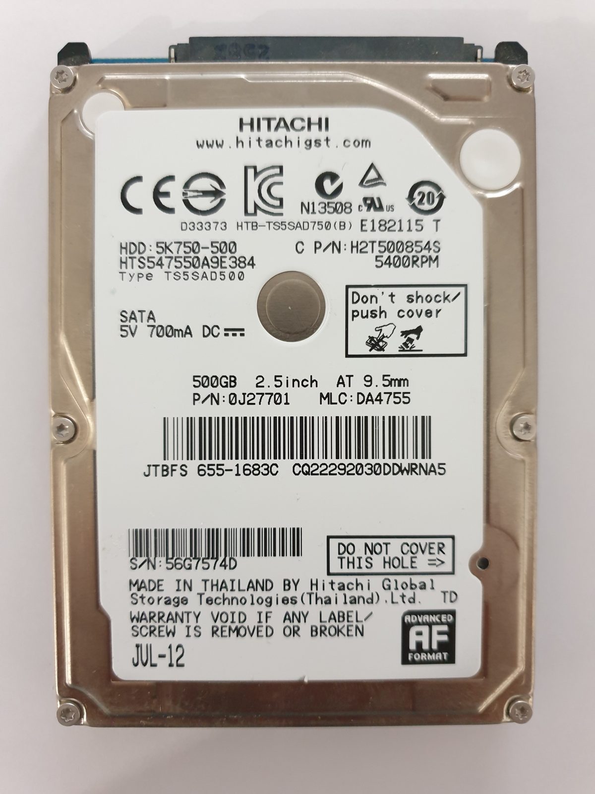 HTS547550A9E384, PN: 0J27701, MLC: DA4755, JUL-12, Hitachi 500Gb 2.5" HDD STK