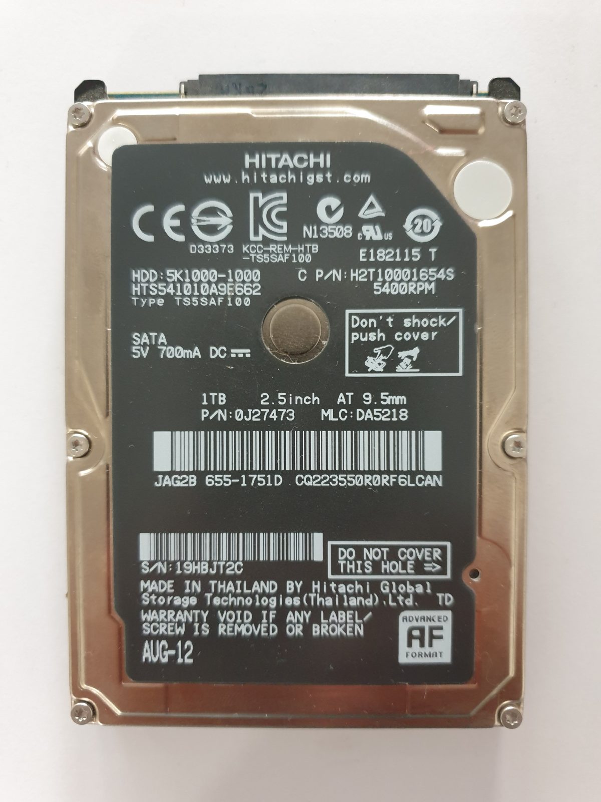 HTS541010A9E662, PN: 0J27473, MLC: DA5218, AUG 2012, Hitachi 1Tb 2.5" HDD STK