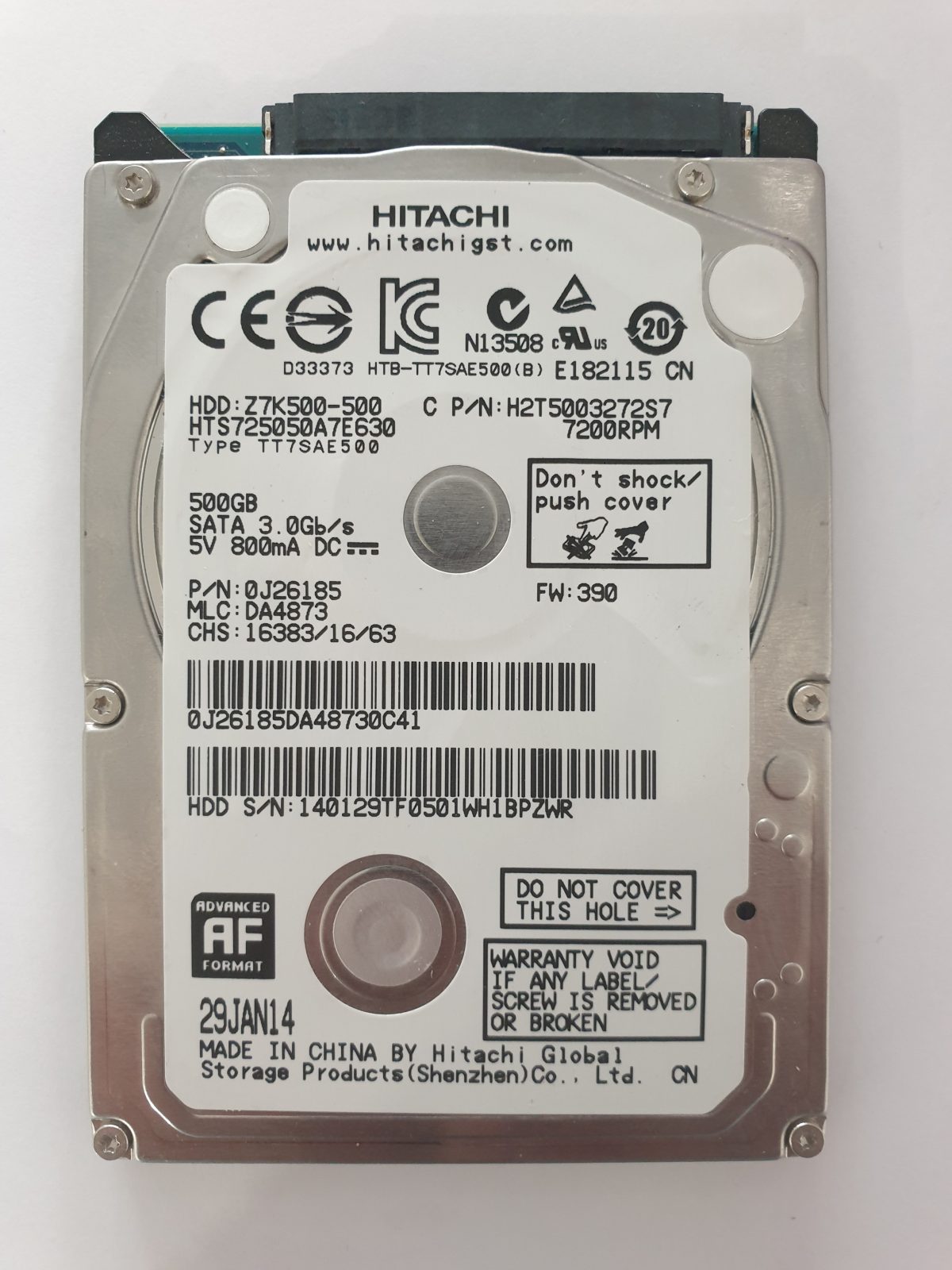 HTS725050A7E630, PN: 0J26185, MLC: DA4873, 29 JAN 14, Hitachi 500Gb 2.5" HDD STK