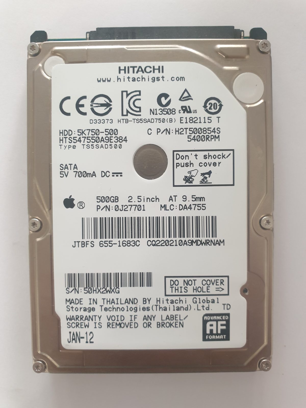 HTS547550A9E384, PN: 0J27701, MLC: DA4755, JAN-12, Hitachi 500Gb 2.5" HDD STK