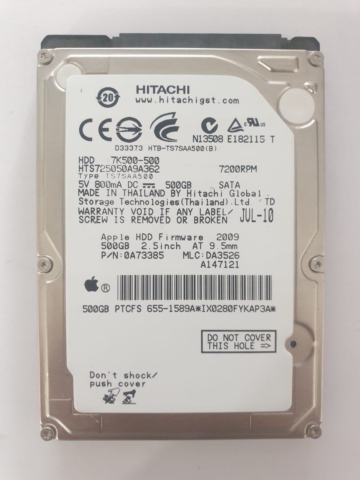 HTS725050A9A362, PN: 0A73385, MLC: DA3526, JUL-10, Hitachi 500Gb 2.5" HDD STK