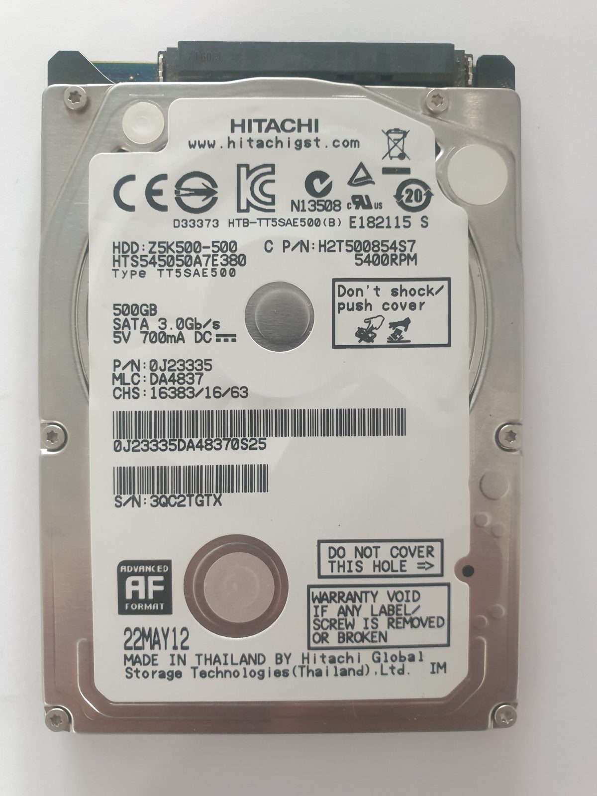 HTS545050A7E380, PN: 0J23335, MLC: DA4837, 22MAY12, Hitachi 500Gb 2.5" HDD STK