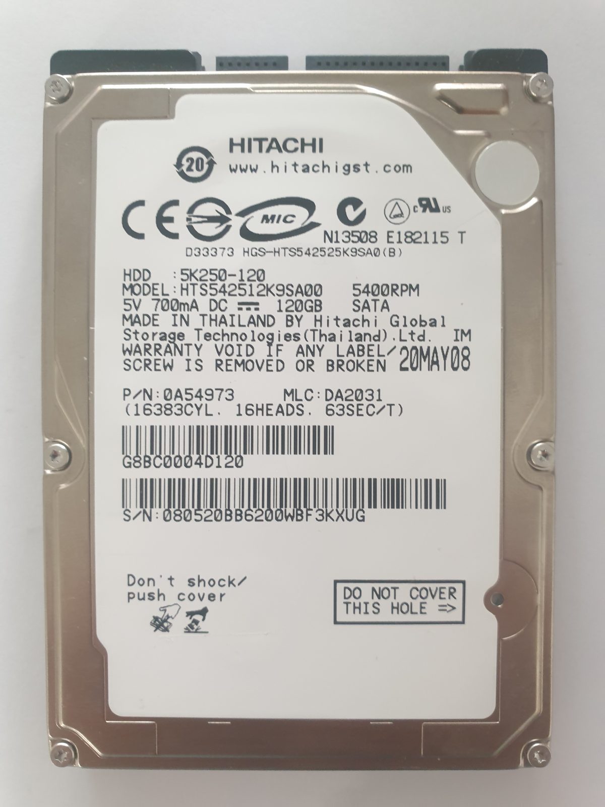 HTS542512K9SA00, PN: 0A54973, MLC: DA2031, 20MAY08, Hitachi 120Gb 2.5" HDD STK