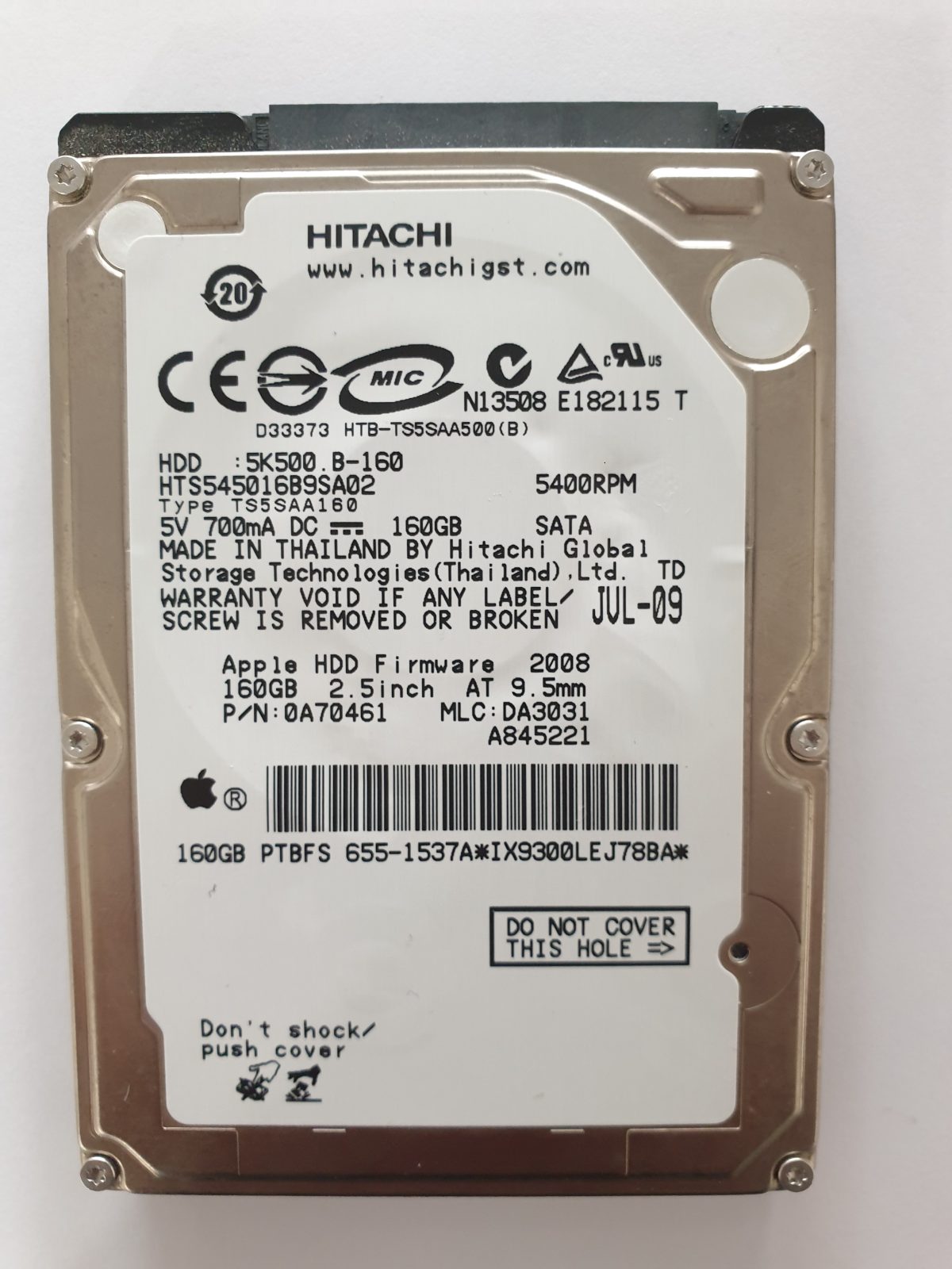 HTS545016B9SA02, PN: 0A70461, MLC: DA3031, JUL-09, Hitachi 160Gb 2.5" HDD STK