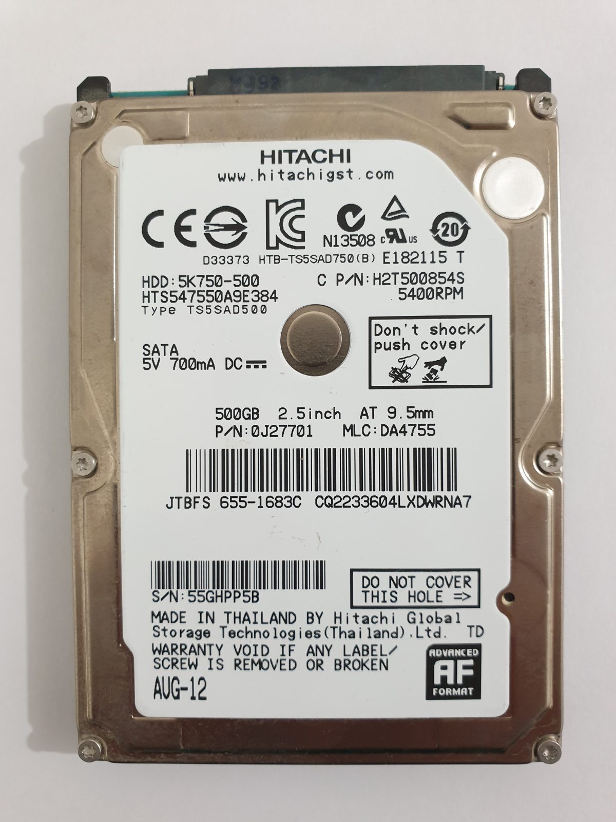HTS547550A9E384, PN: 0J27701, MLC: DA4755, AUG-12, Hitachi 500Gb 2.5" HDD STK