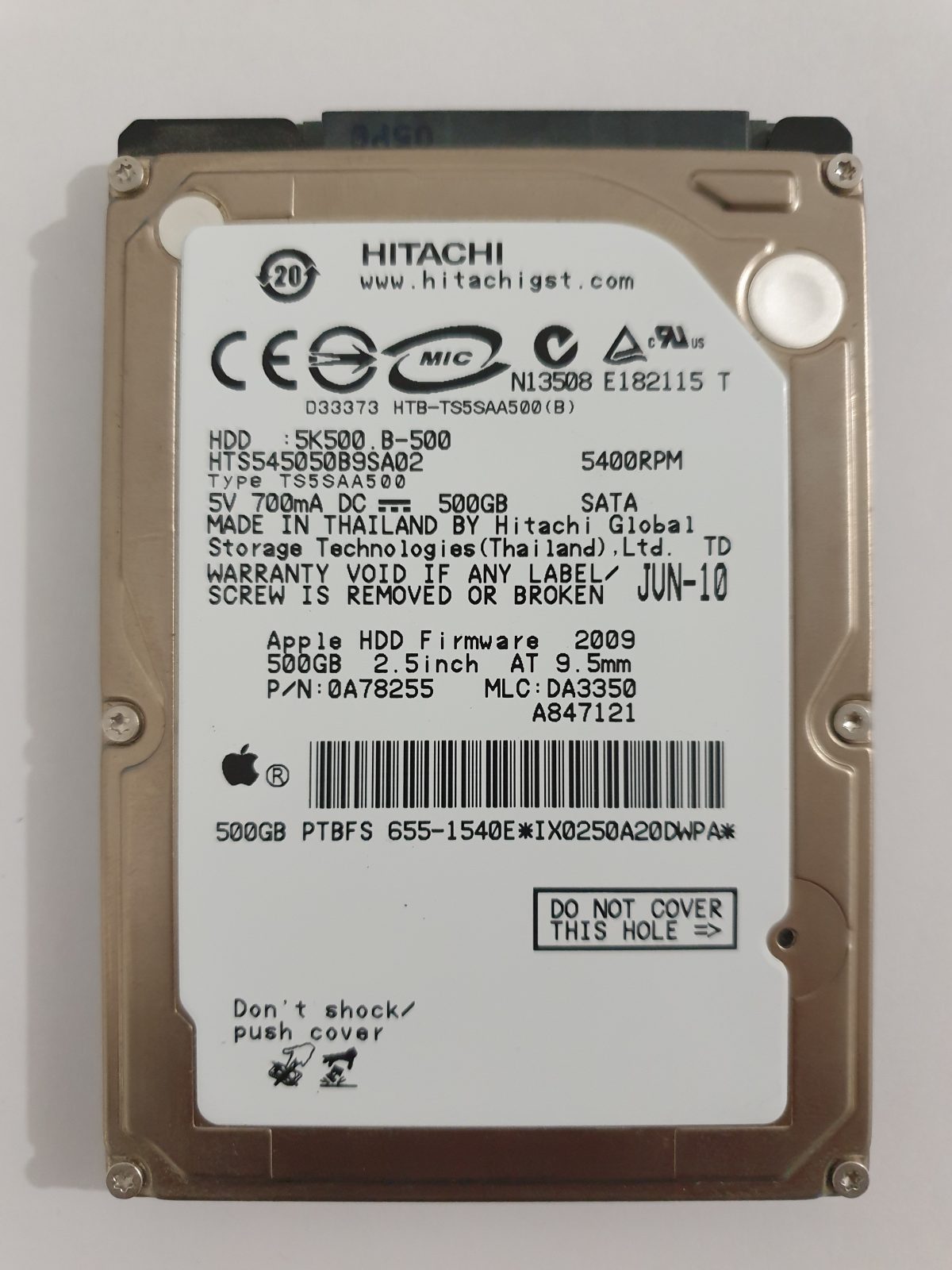 HTS545050B9SA02, PN: 0A78255, MLC: DA3350, JUN-10, Hitachi 500Gb 2.5" HDD STK