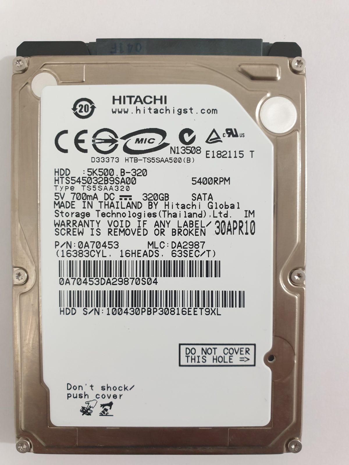 HTS545032B9SA00, PN: 0A70453, MLC: DA2987, 30APR10, Hitachi 320Gb 2.5" HDD STK