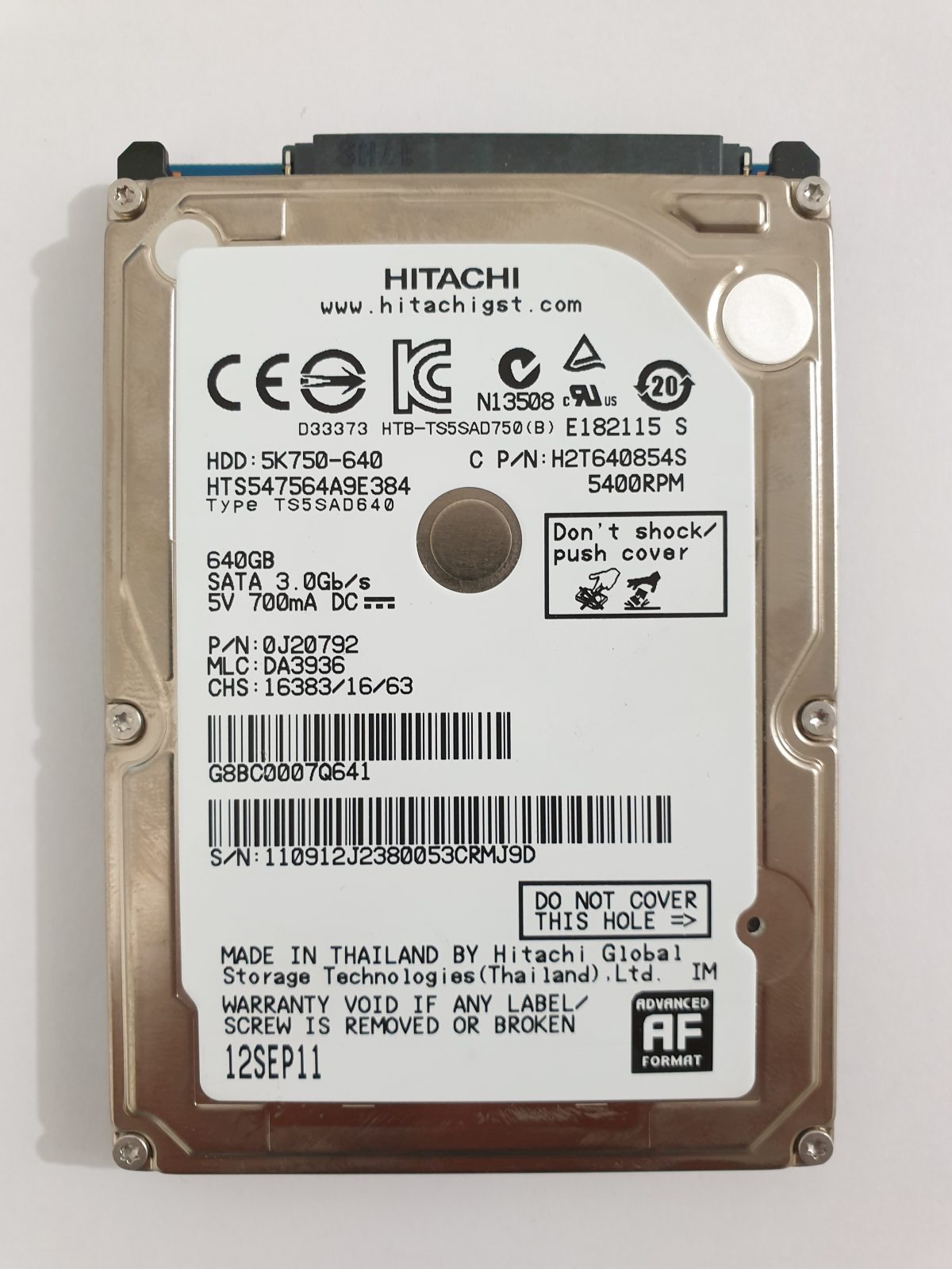 HTS547564A9E384, PN: 0J20792, MLC: DA3936, 12SEP11, Hitachi 640Gb 2.5" HDD STK