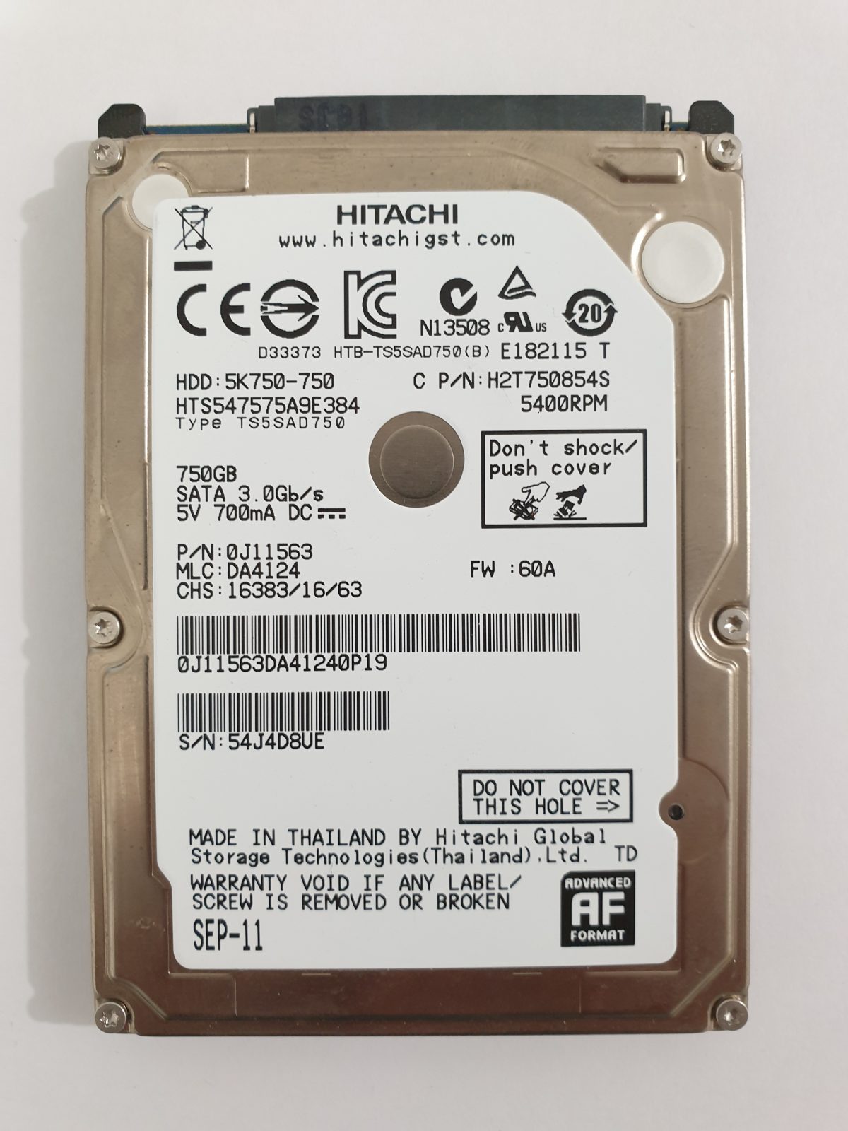 HTS547575A9E384, PN: 0J11563, MLC: DA4124, SEP-11, Hitachi 750Gb 2.5" HDD STK