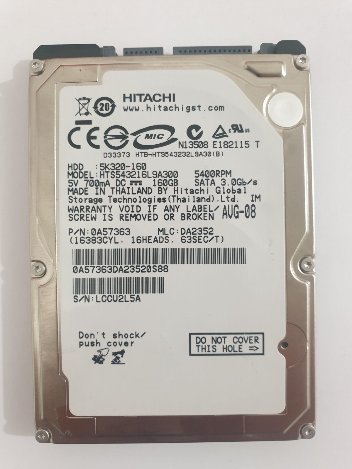 HTS543216L9A300, PN: 0A57363, MLC: DA2352, AUG-08, Hitachi 160Gb 2.5" HDD STK