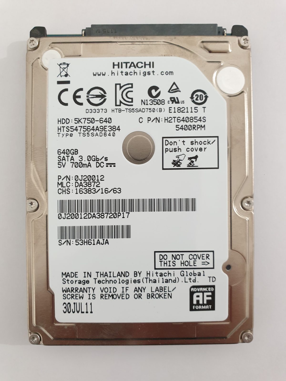 HTS54756449E384, PN: 0J20012, MLC: DA3872, 30JUL11, Hitachi 640Gb 2.5" HDD STK