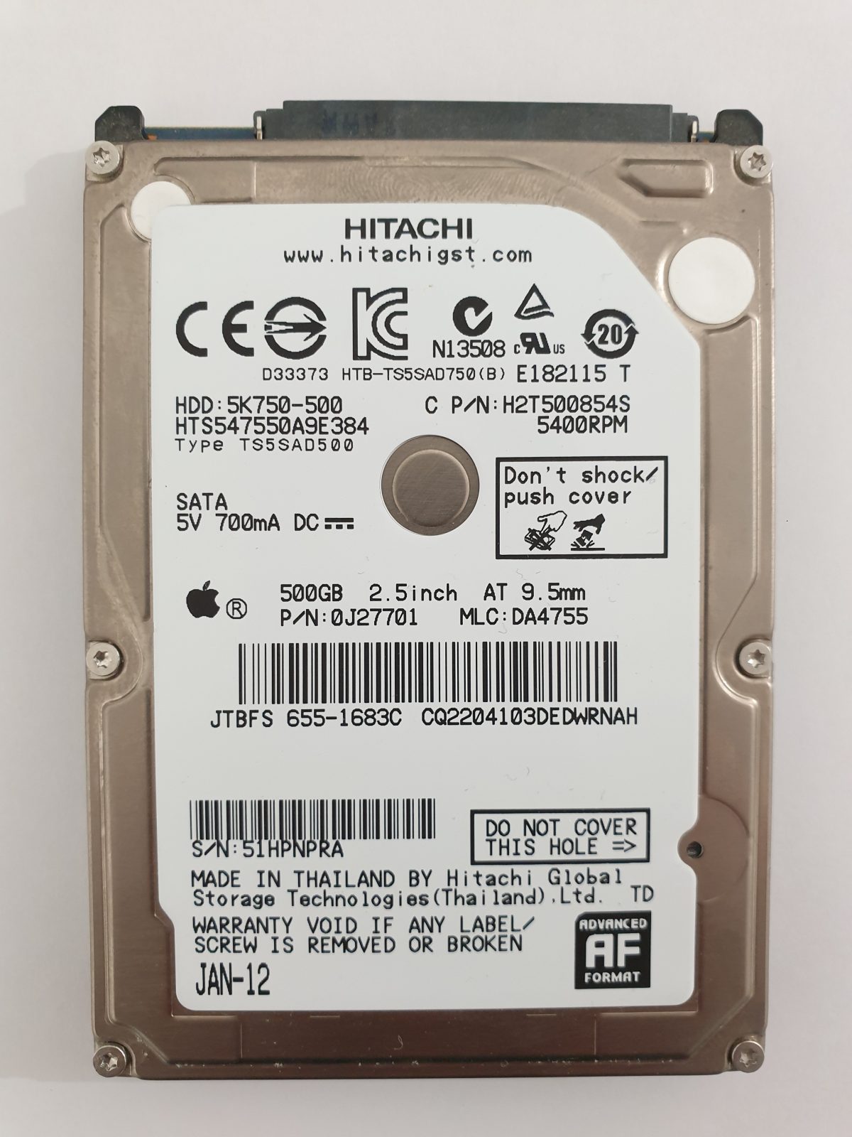 HTS547550A9E384, PN: 0J27701, MLC: DA4755, JAN-12, Hitachi 500Gb 2.5" HDD STK