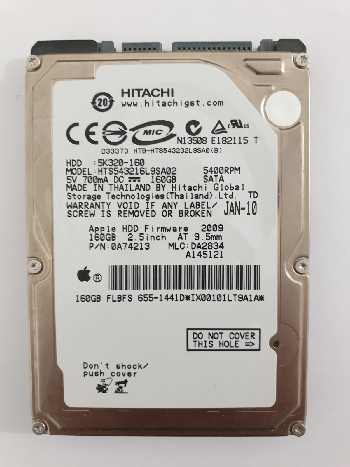 HTS543216L9SA02, PN: 0A74213, MLC: DA2834, JAN-10, Hitachi 160Gb 2.5" HDD STK