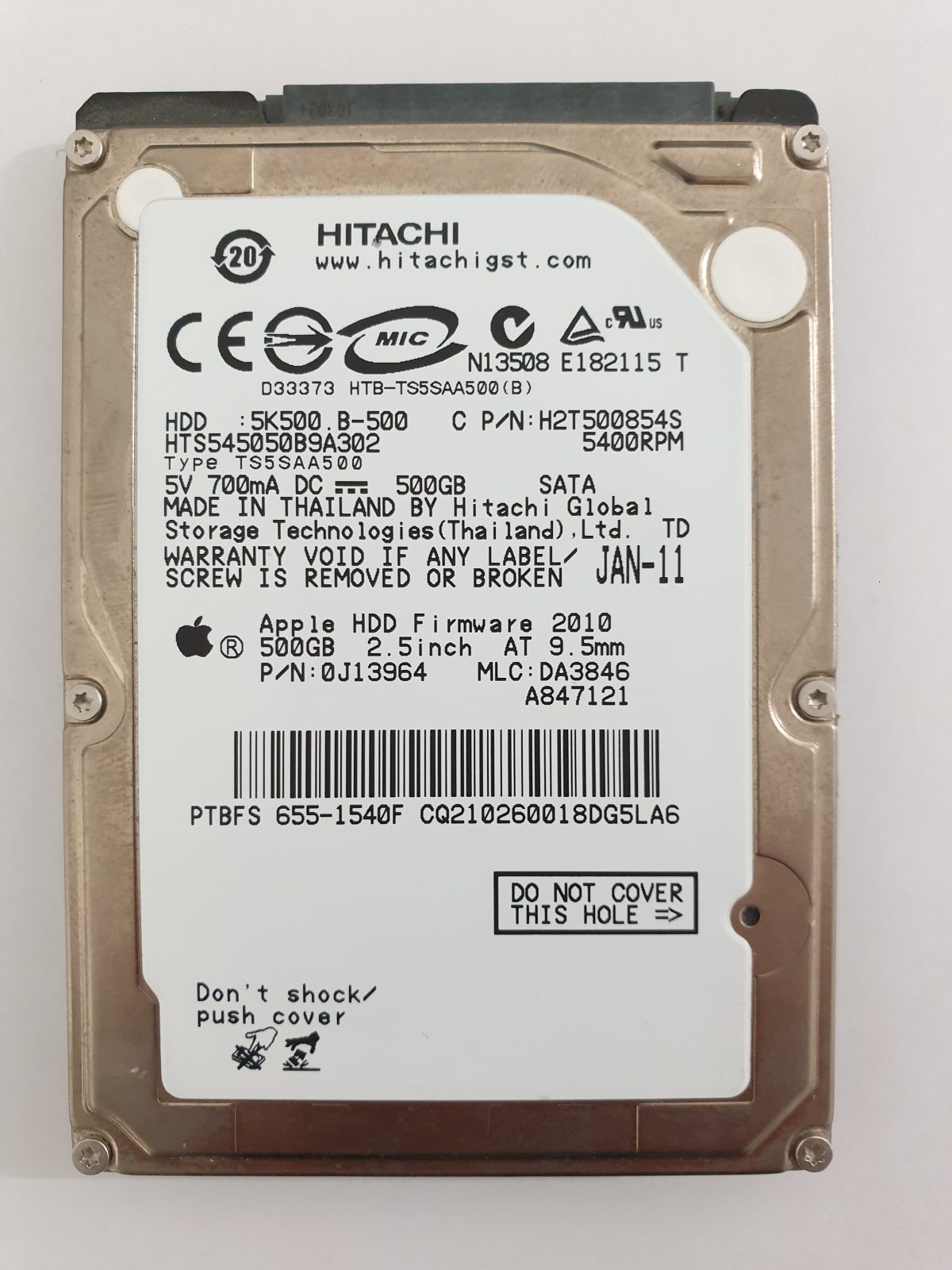 HTS545050B9A302, PN: 0J13964, MLC: DA3846, JAN-11, Hitachi 500Gb 2.5" HDD STK
