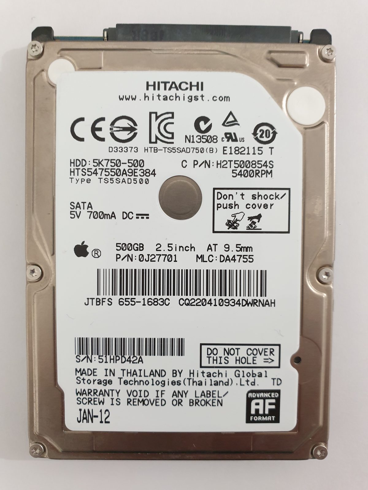 HTS547550A9E384, PN: 0J27701, MLC: DA4755, JAN-12, Hitachi 500Gb 2.5" HDD STK
