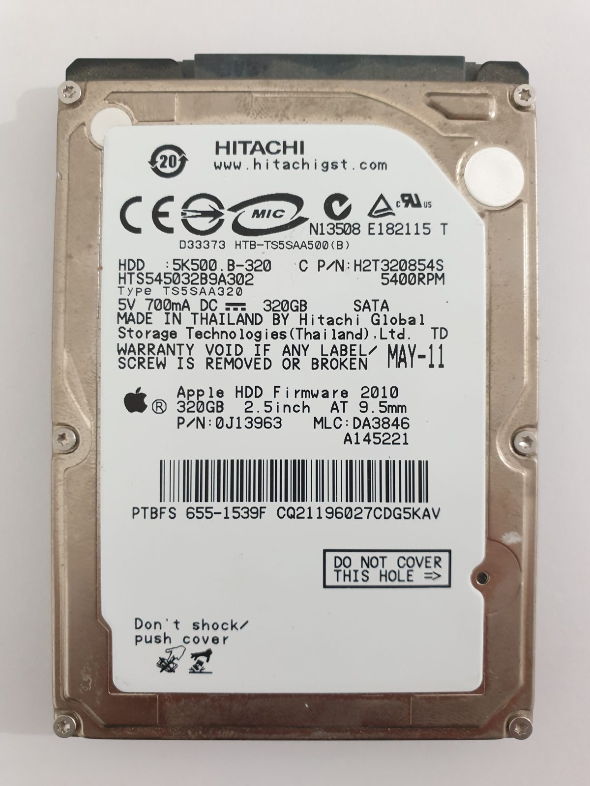 HTS545032B9A302, PN: 0J13963, MLC: DA3846, MAY-11, Hitachi 320Gb 2.5" HDD STK