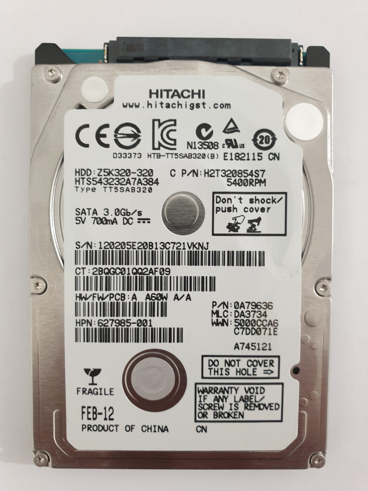 HTS543232A7A384, PN: 0A79636, MLC: DA3734, FEB-12, Hitachi 320Gb 2.5" HDD STK