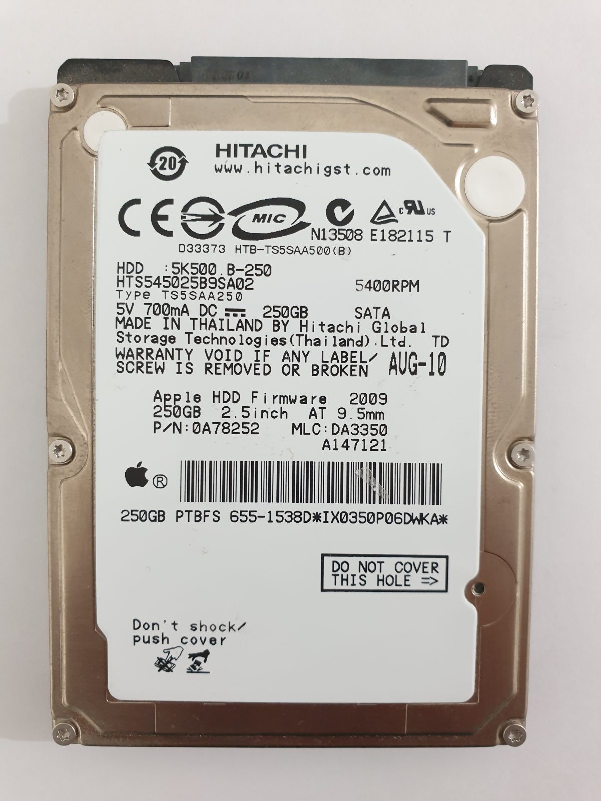 HTS545025B9SA02, PN: 0A78252, MLC: DA3350, AUG-10, Hitachi 250Gb 2.5" HDD STK