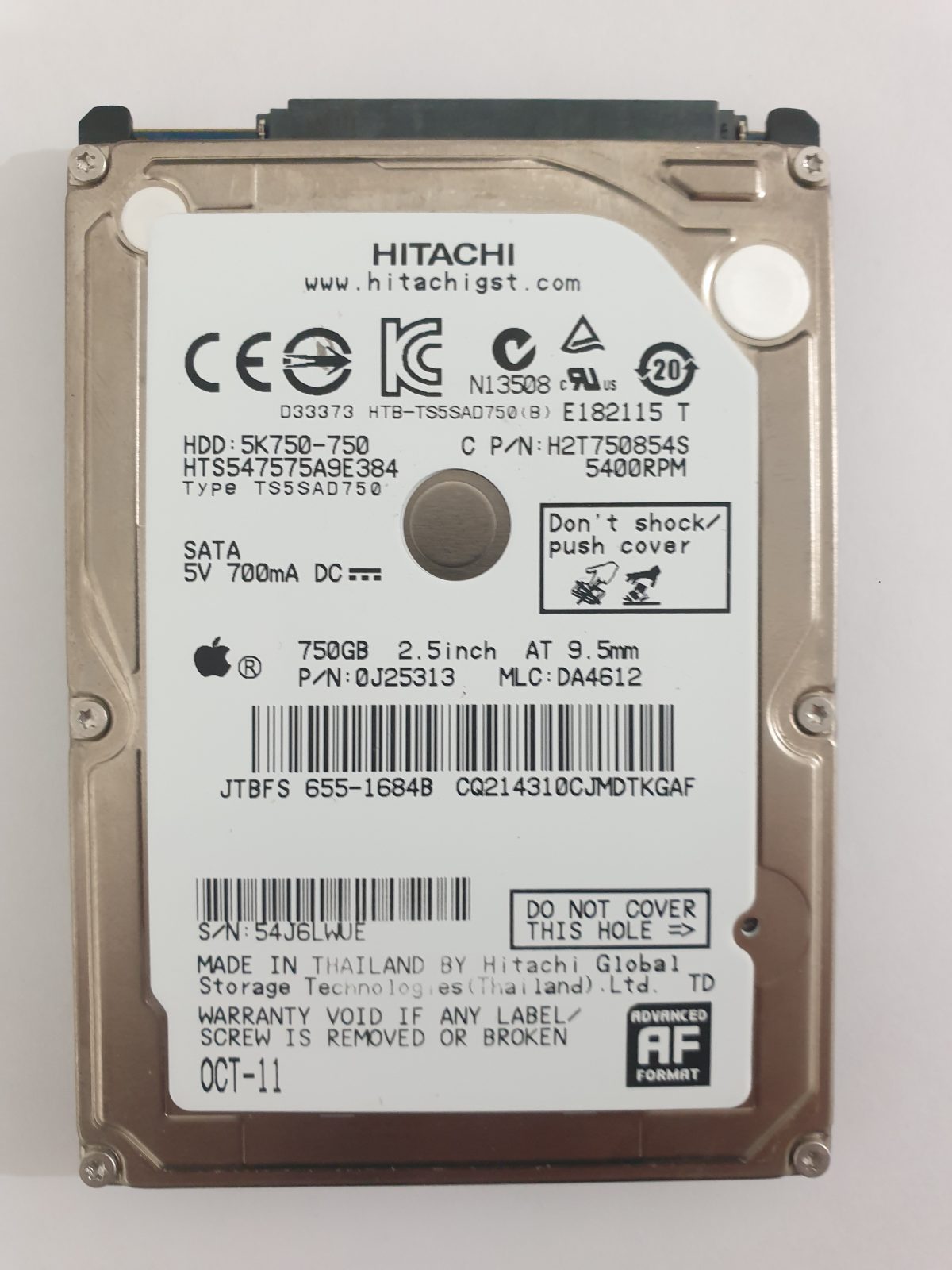 HTS547575A9E384, PN: 0J25313, MLC: DA4612, OCT-11, Hitachi 750Gb 2.5" HDD STK