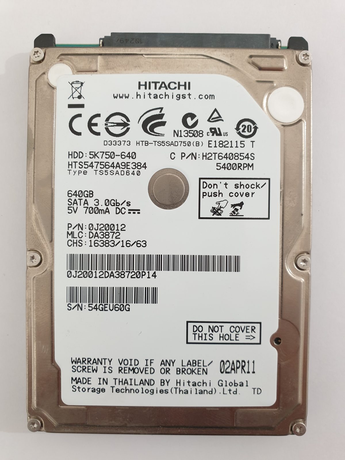 HTS547564A9E384, PN: 0J20012, MLC: DA3872, 02APR11, Hitachi 640Gb 2.5" HDD STK