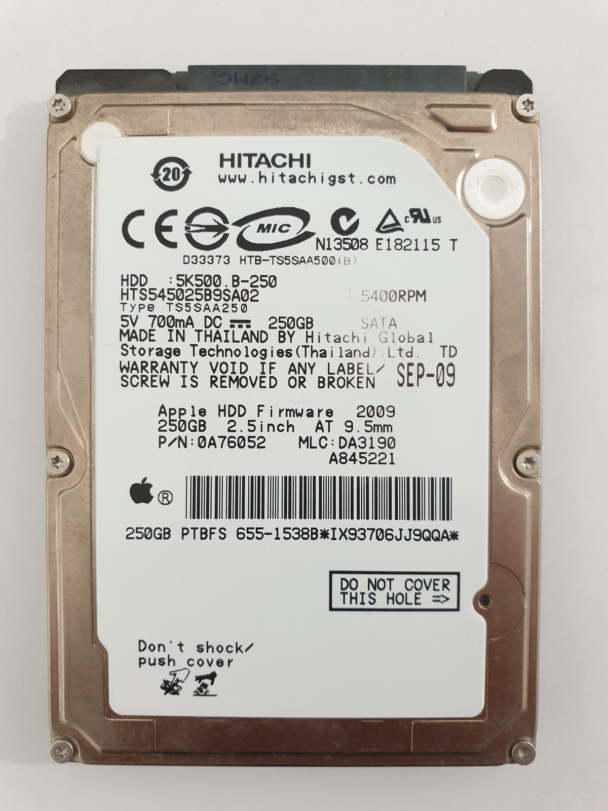 HTS545025B9SA02, PN: 0A76052, MLC: DA3190, SEP-09, Hitachi 250Gb 2.5" HDD STK