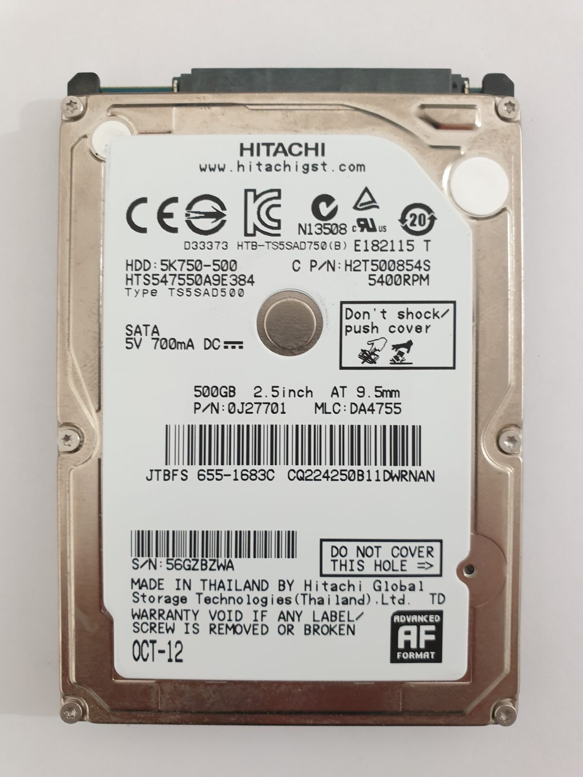 HTS547550A9E384, PN: 0J27701, MLC: DA4755, OCT-12, Hitachi 500Gb 2.5" HDD STK