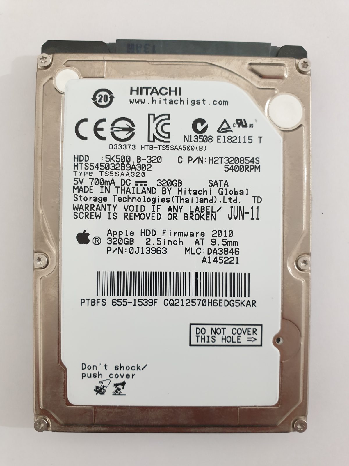 HTS545032B9A302, PN: 0J13963, MLC: DA3846, JUN-11, Hitachi 320Gb 2.5" HDD STK