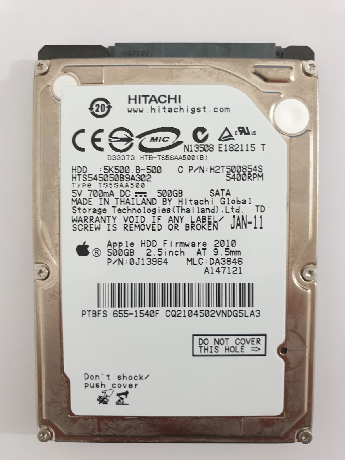 HTS545050B9A302, PN: 0J13964, MLC: DA3846, JAN-11, Hitachi 500Gb 2.5" HDD STK
