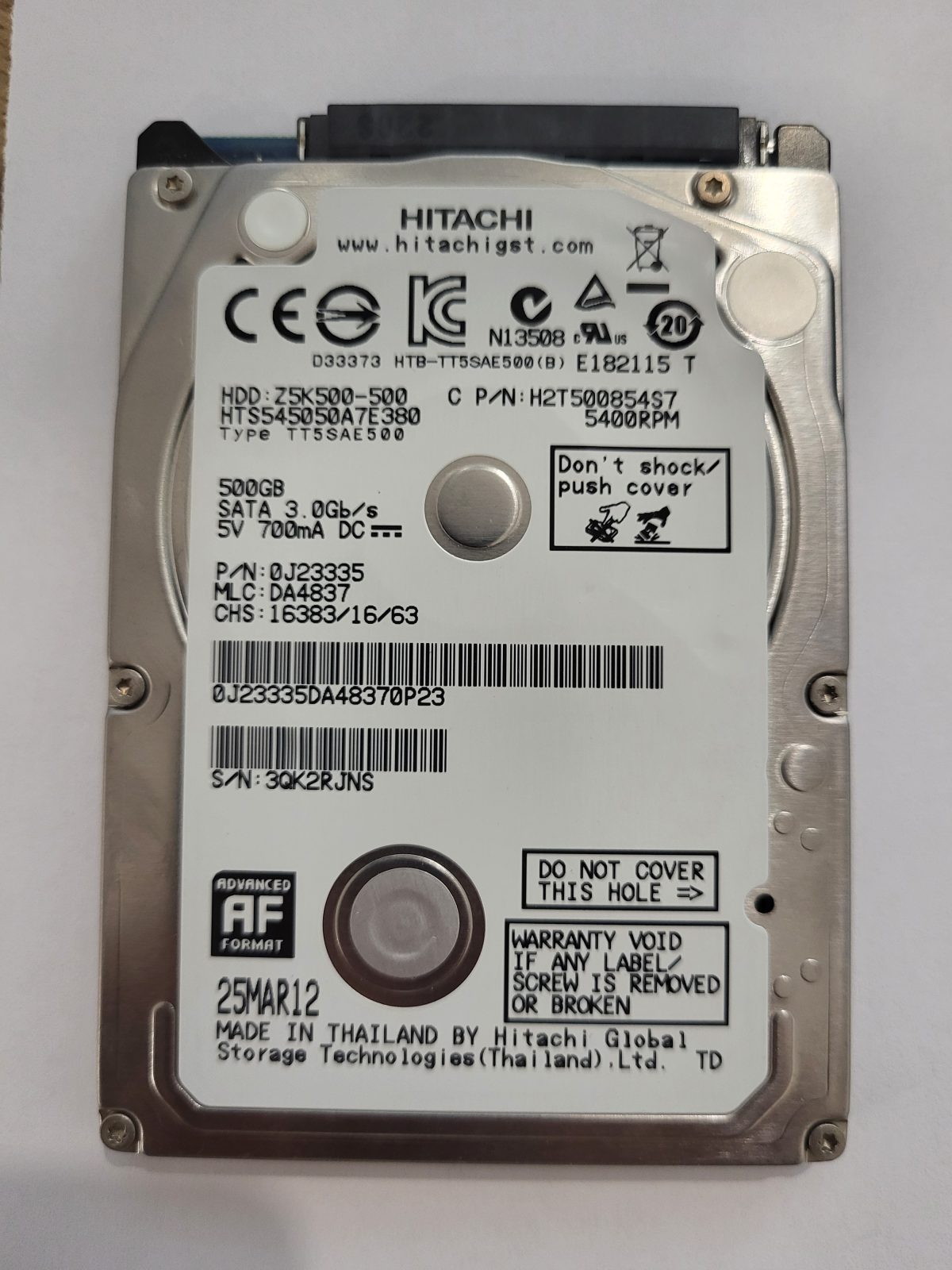 HTS545050A7E380, PN: 0J23335, MLC: DA4837, 25MAR12, Hitachi 500Gb 2.5" HDD STK
