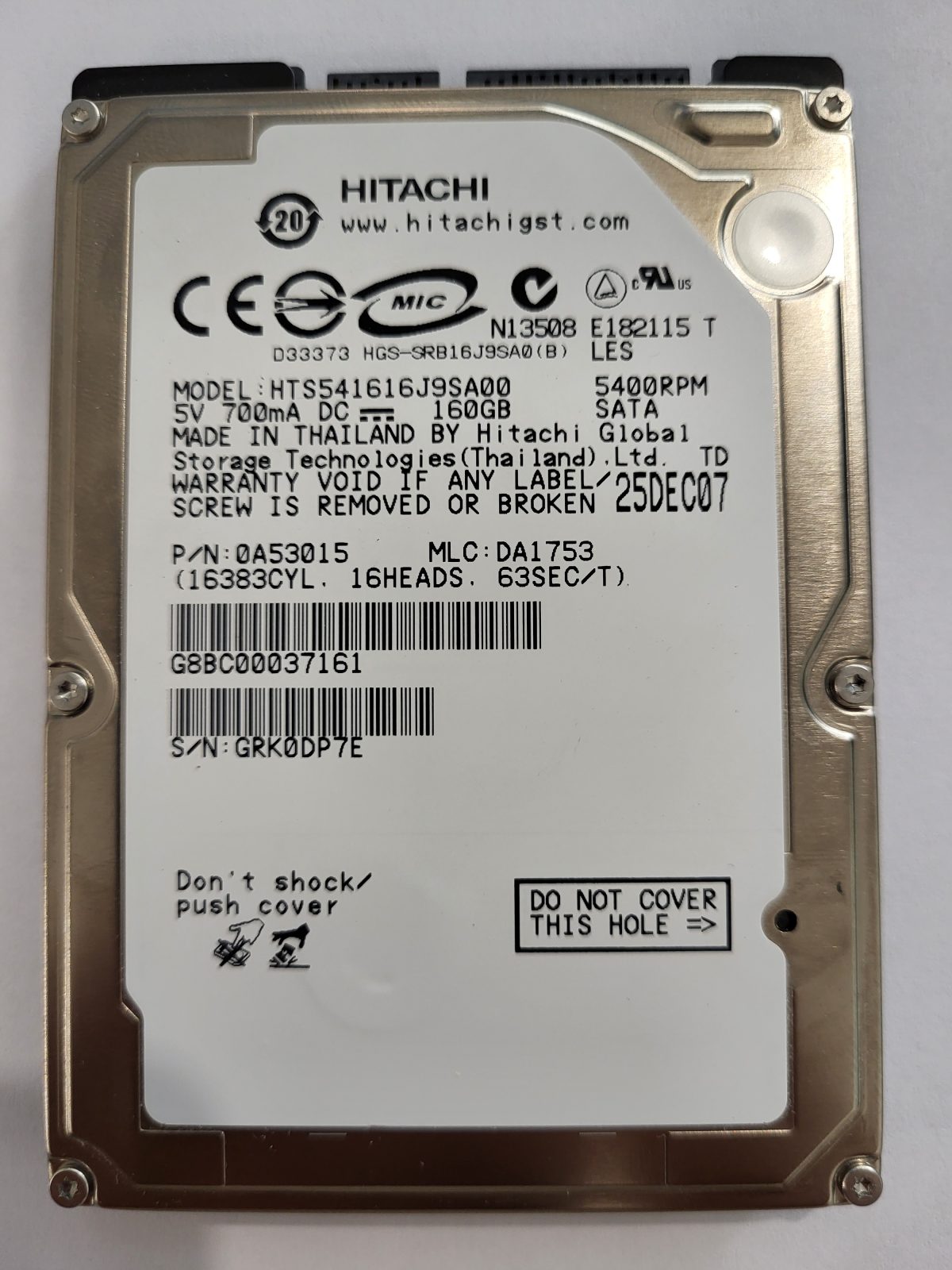 HTS541616J9SA00, PN: 0A53015, MLC: DA1753, 25DEC07, Hitachi 160Gb 2.5" HDD STK