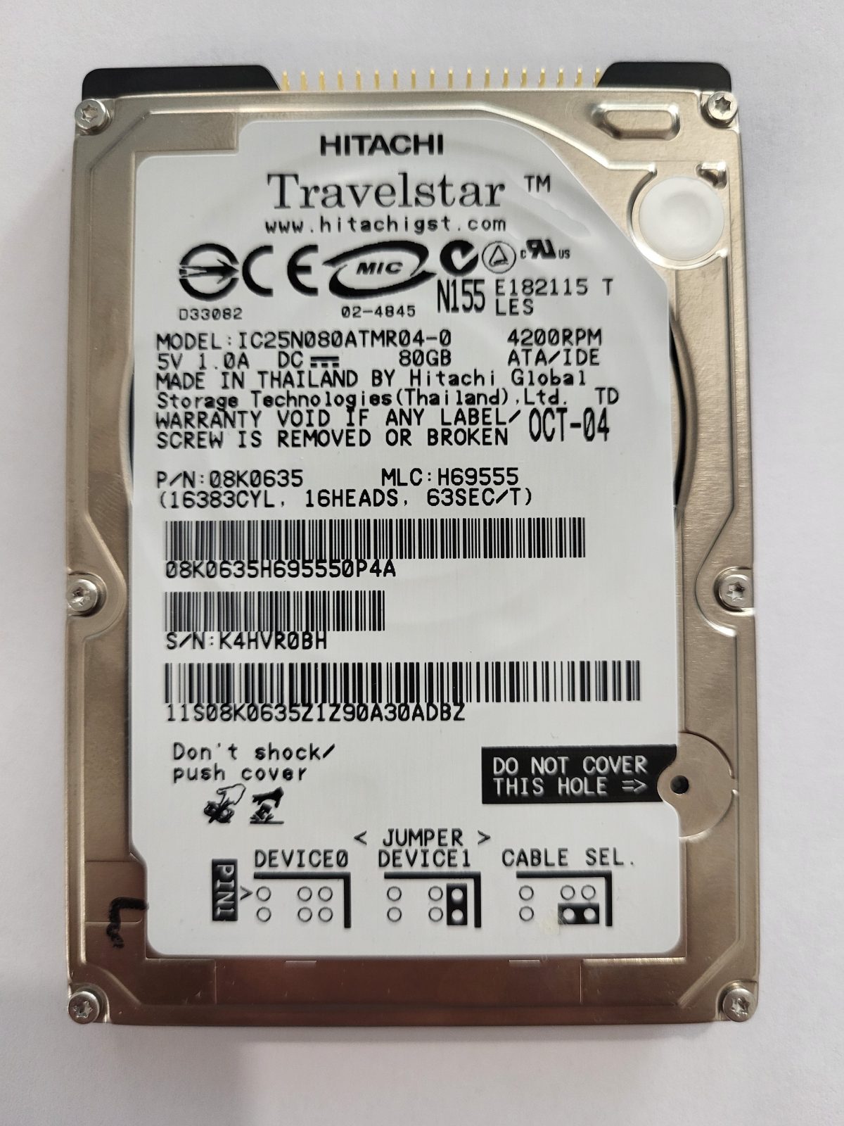 IC25N080ATMR04-0, PN: 08K0635, MLC: H69555, OCT-04, Hitachi 80Gb 2.5" HDD STK