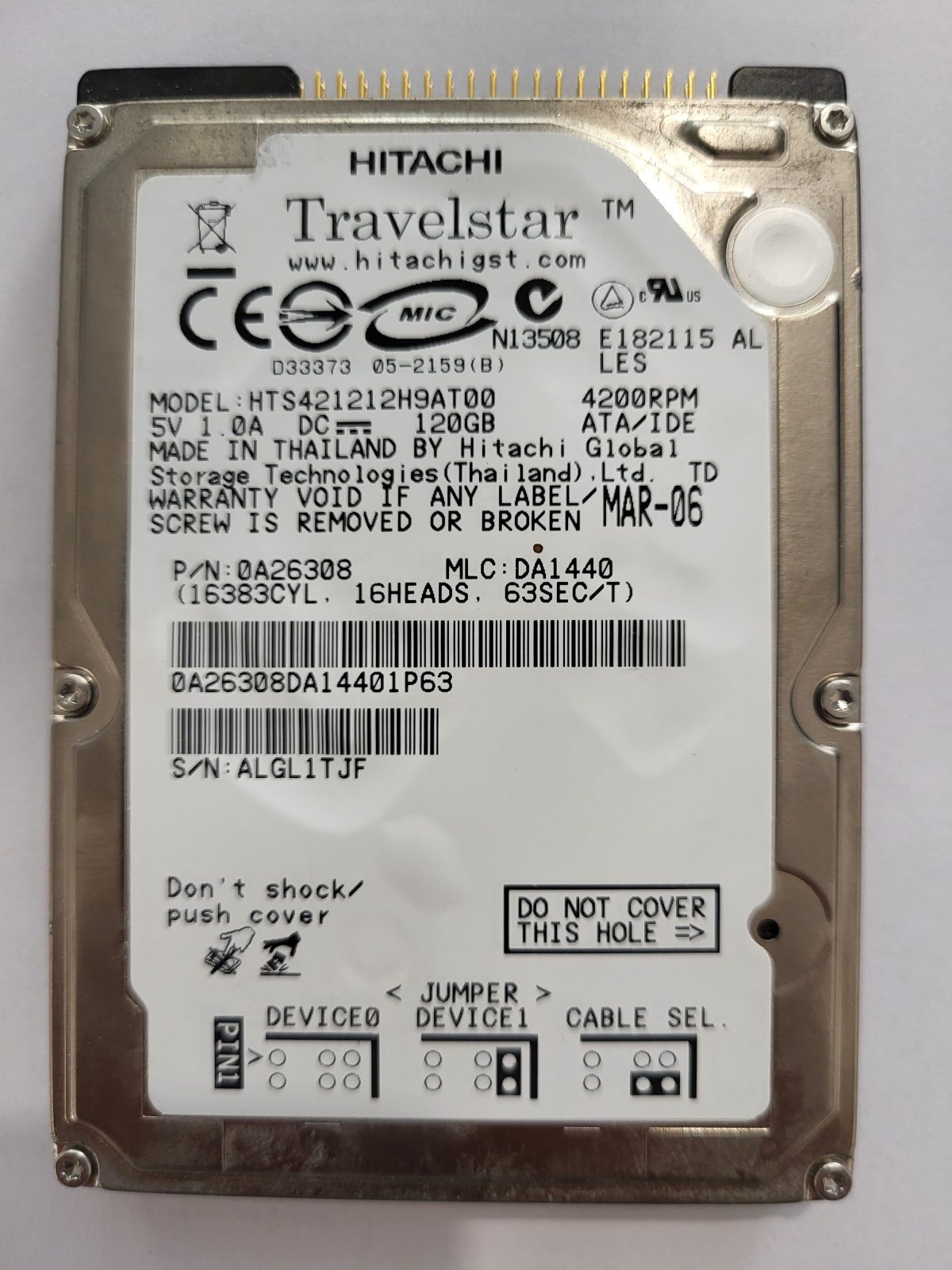 HTS421212H9AT00, PN: 0A26308, MLC: DA1440, MAR-06, Hitachi 120Gb 2.5" HDD STK