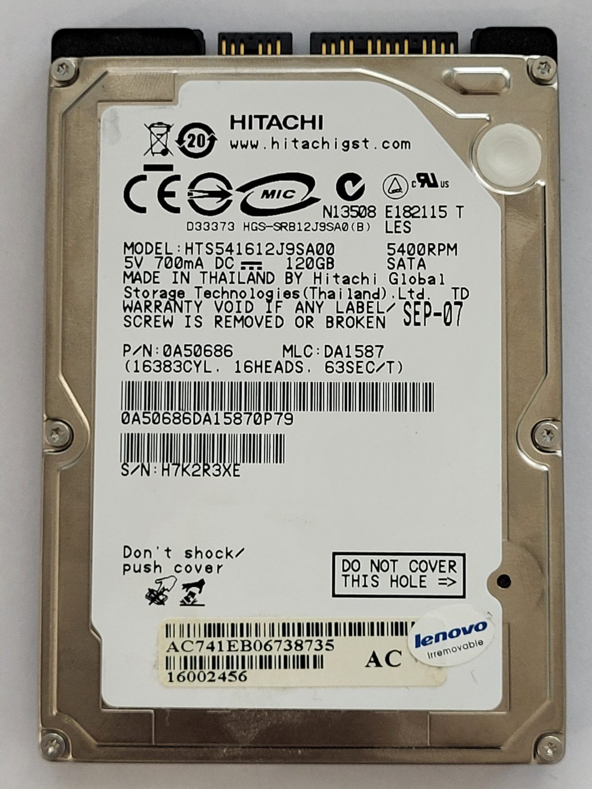 HTS541612J9SA00, PN: 0A50686, MLC: DA1587, SEP-07, Hitachi 120Gb 2.5" HDD STK