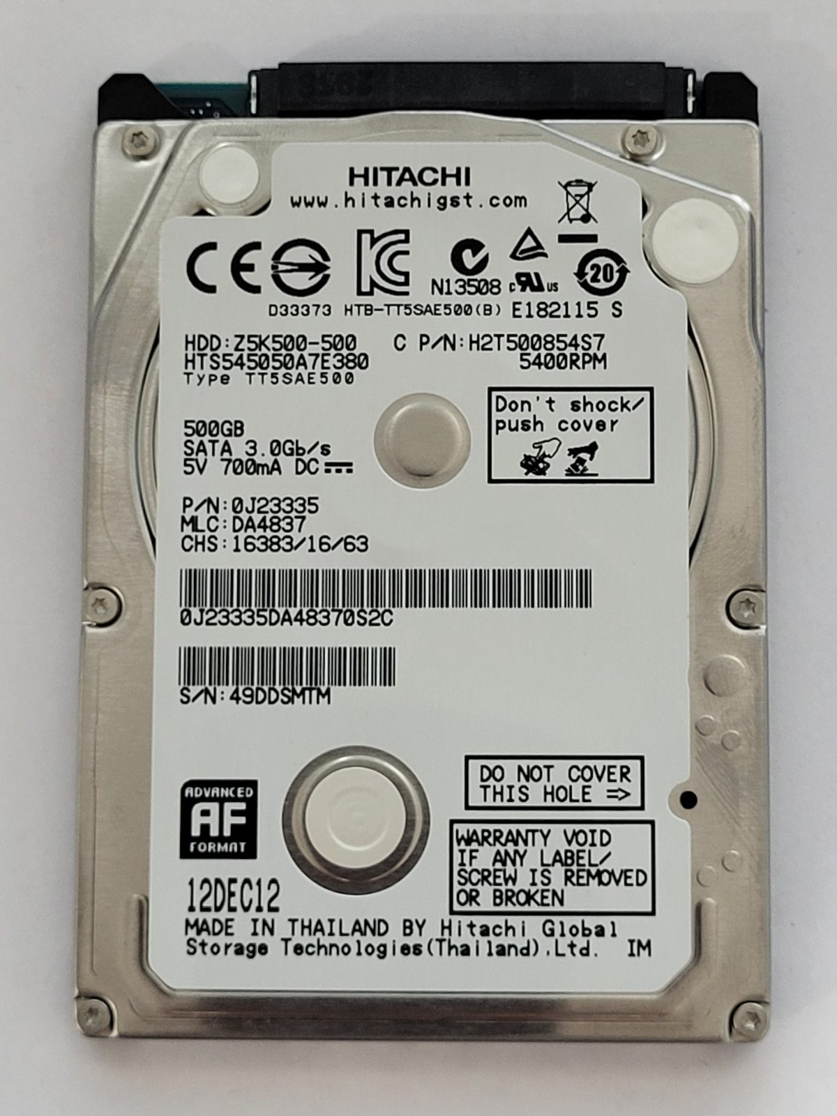 HTS545050A7E380, PN: 0J23335, MLC: DA4837, 12DEC12, Hitachi 500Gb 2.5" HDD STK